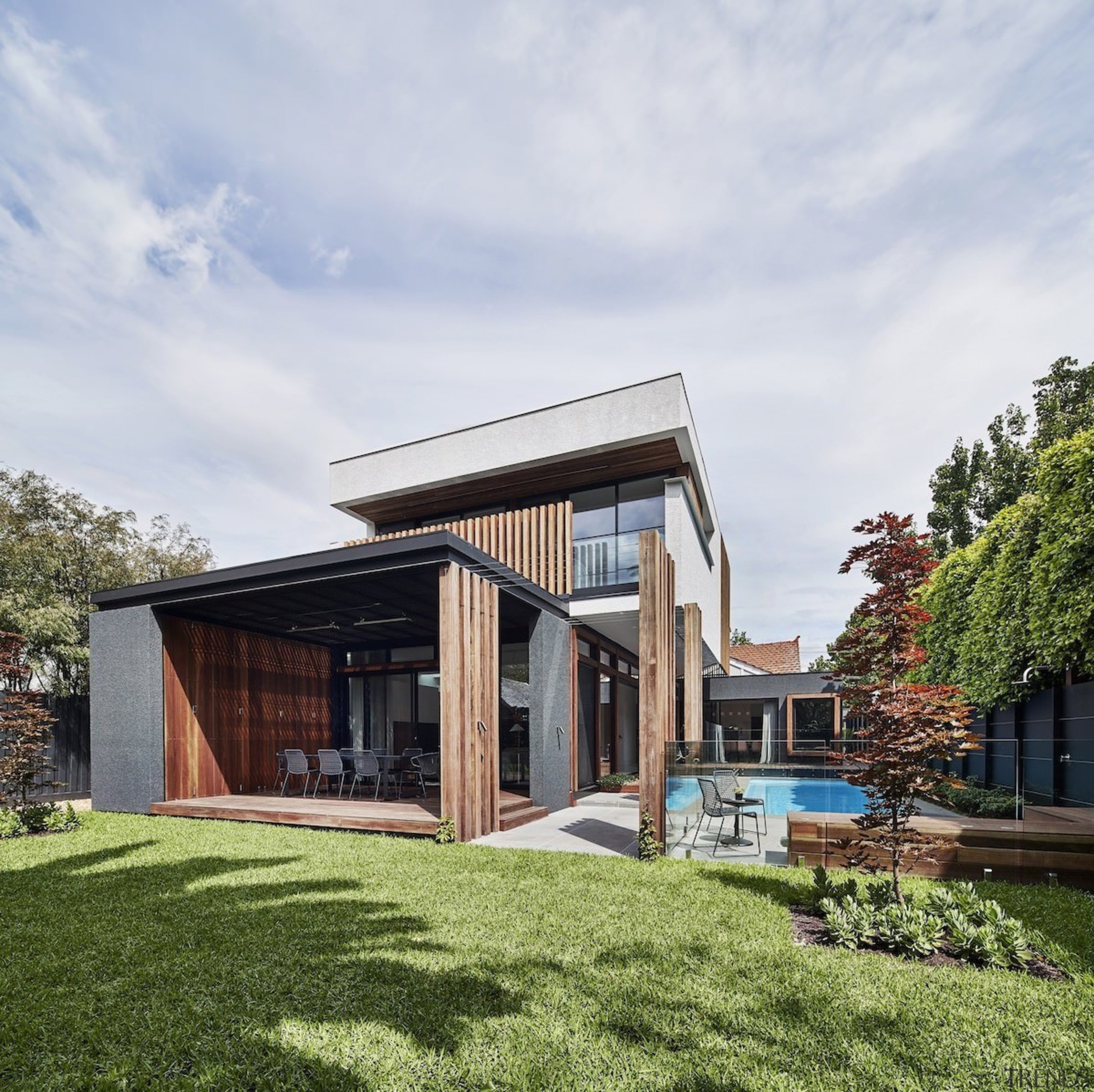 The open outdoor room connects the pool area architecture, cottage, estate, facade, home, house, property, real estate, residential area, white