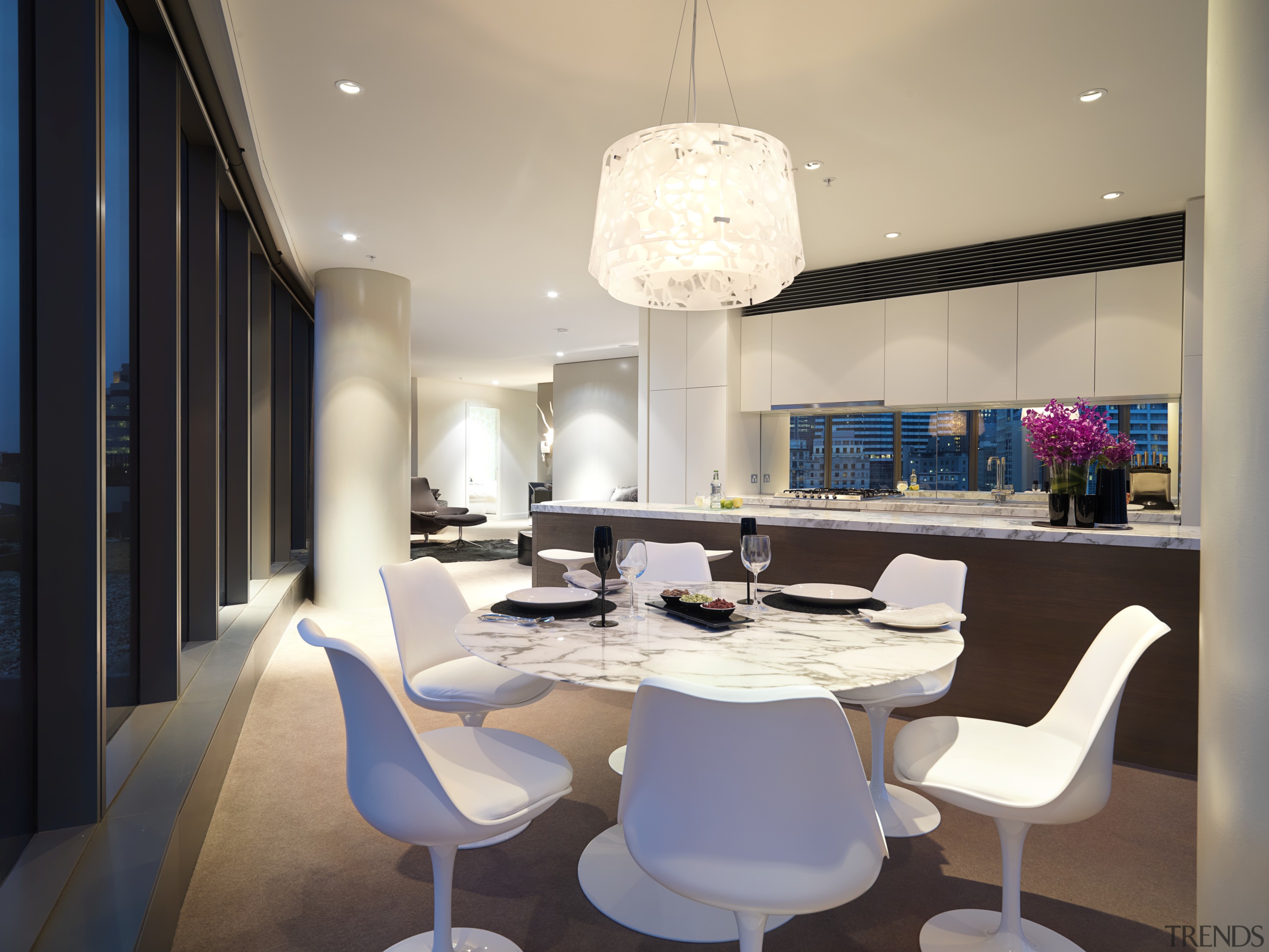 View of an apartment by interior designer Jane ceiling, dining room, interior design, room, table, gray, black