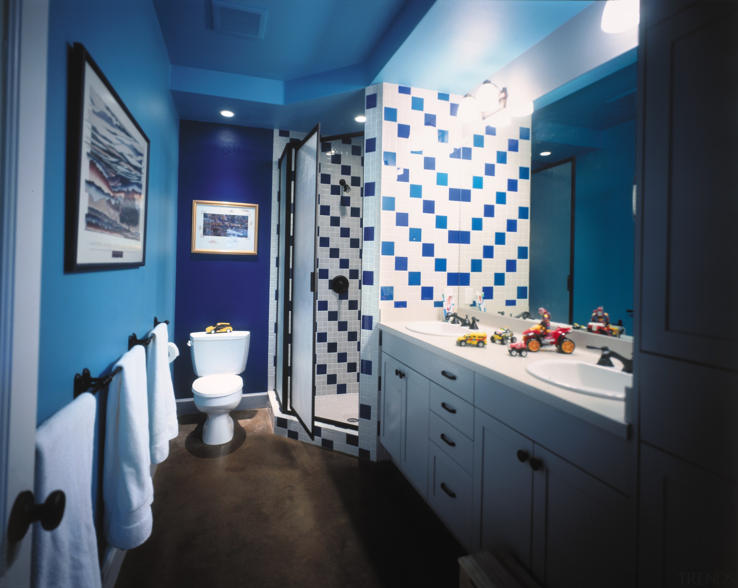 A view of a bathroom designed by CG&amp;S bathroom, blue, ceiling, home, interior design, purple, room, black