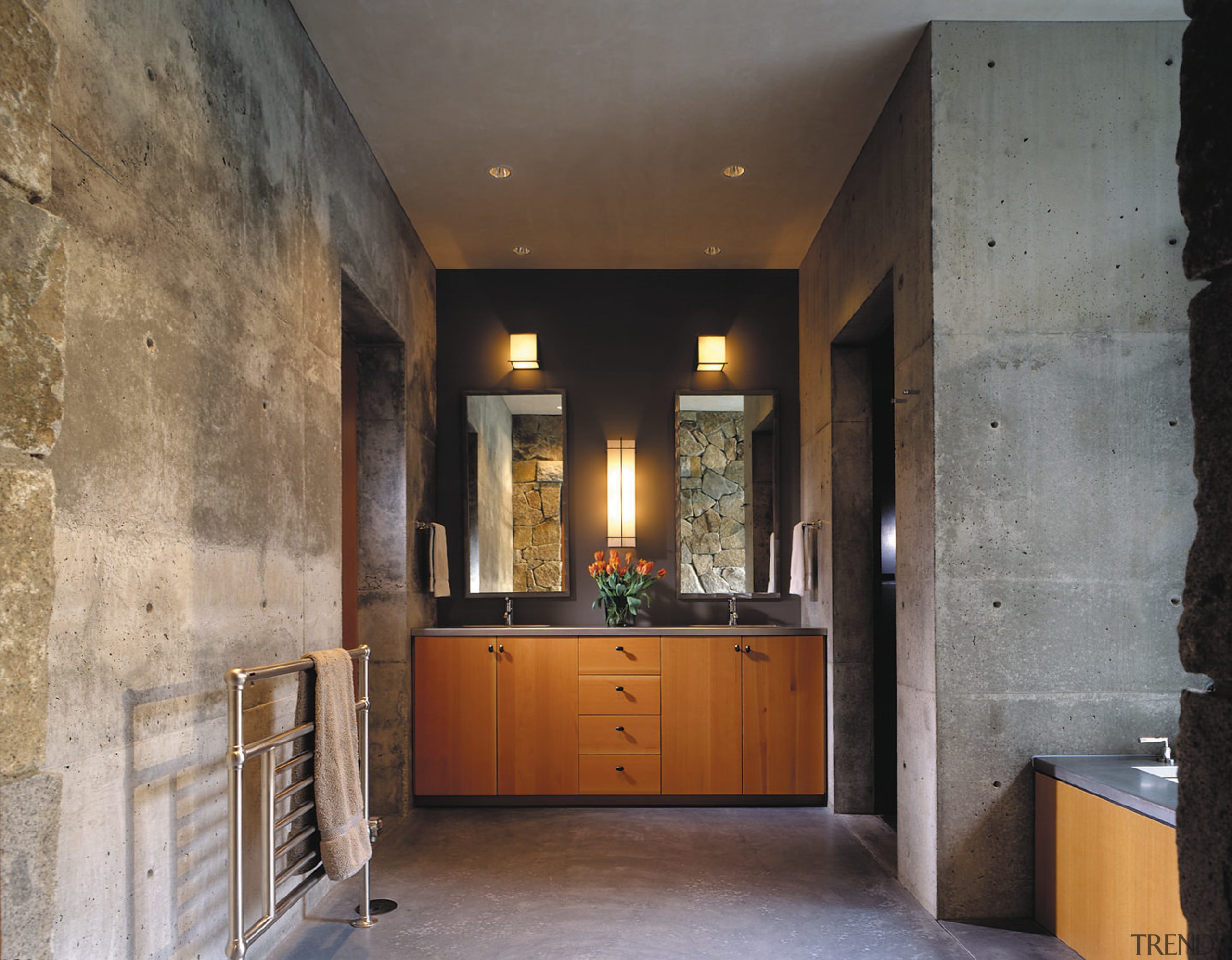 View of main bathroom showing granite and concrete architecture, ceiling, estate, home, interior design, property, real estate, wall, gray, brown