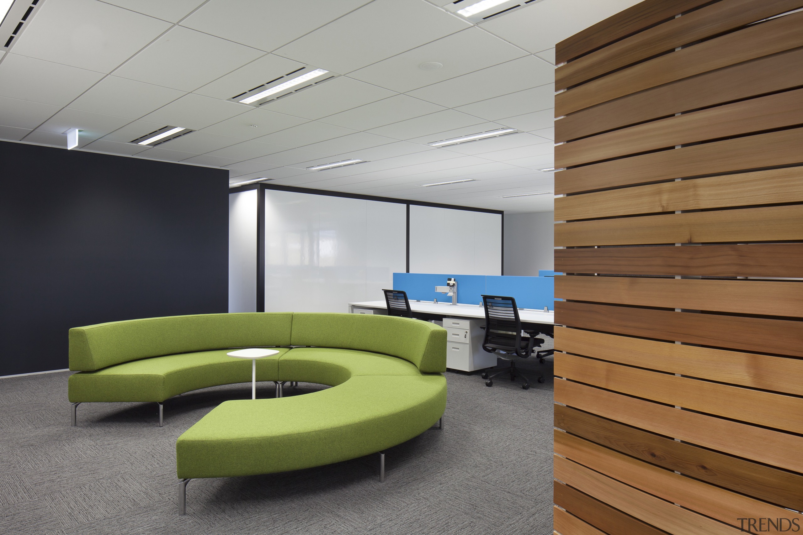 One of many casual meeting spaces in the architecture, ceiling, conference hall, daylighting, floor, interior design, office, product design, gray, brown