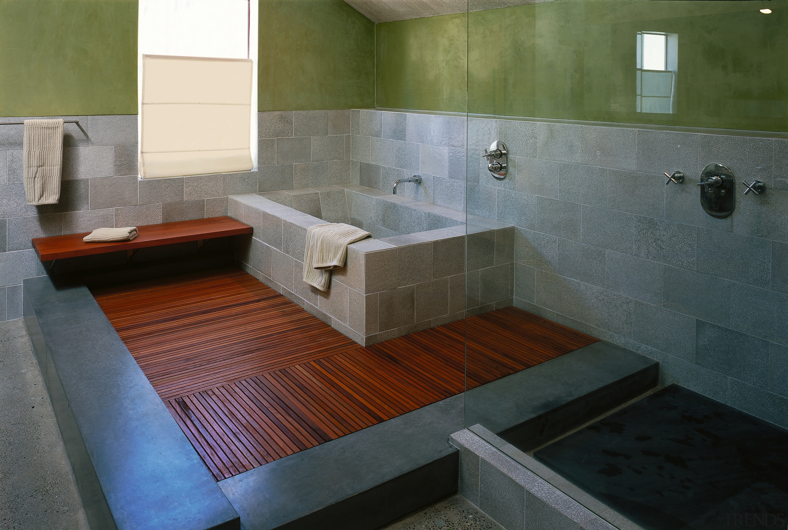 View of the master bathroom - View of architecture, bathroom, floor, flooring, interior design, property, room, tile, gray, black, brown