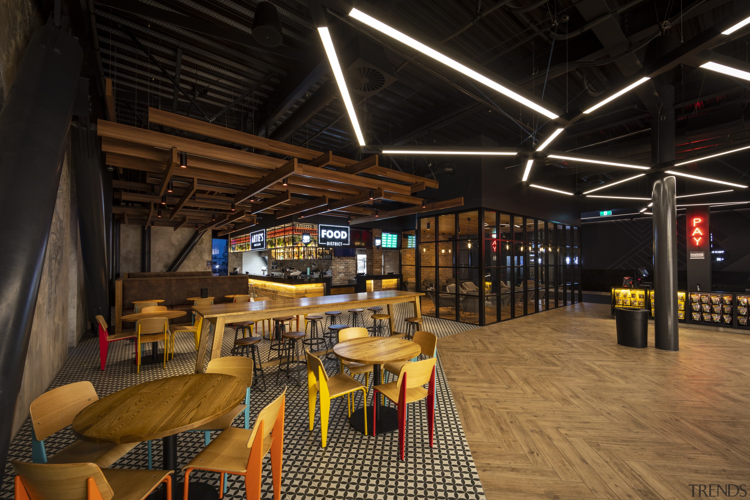 The Hoyts cinema lobby at the new EntX interior design, black, brown