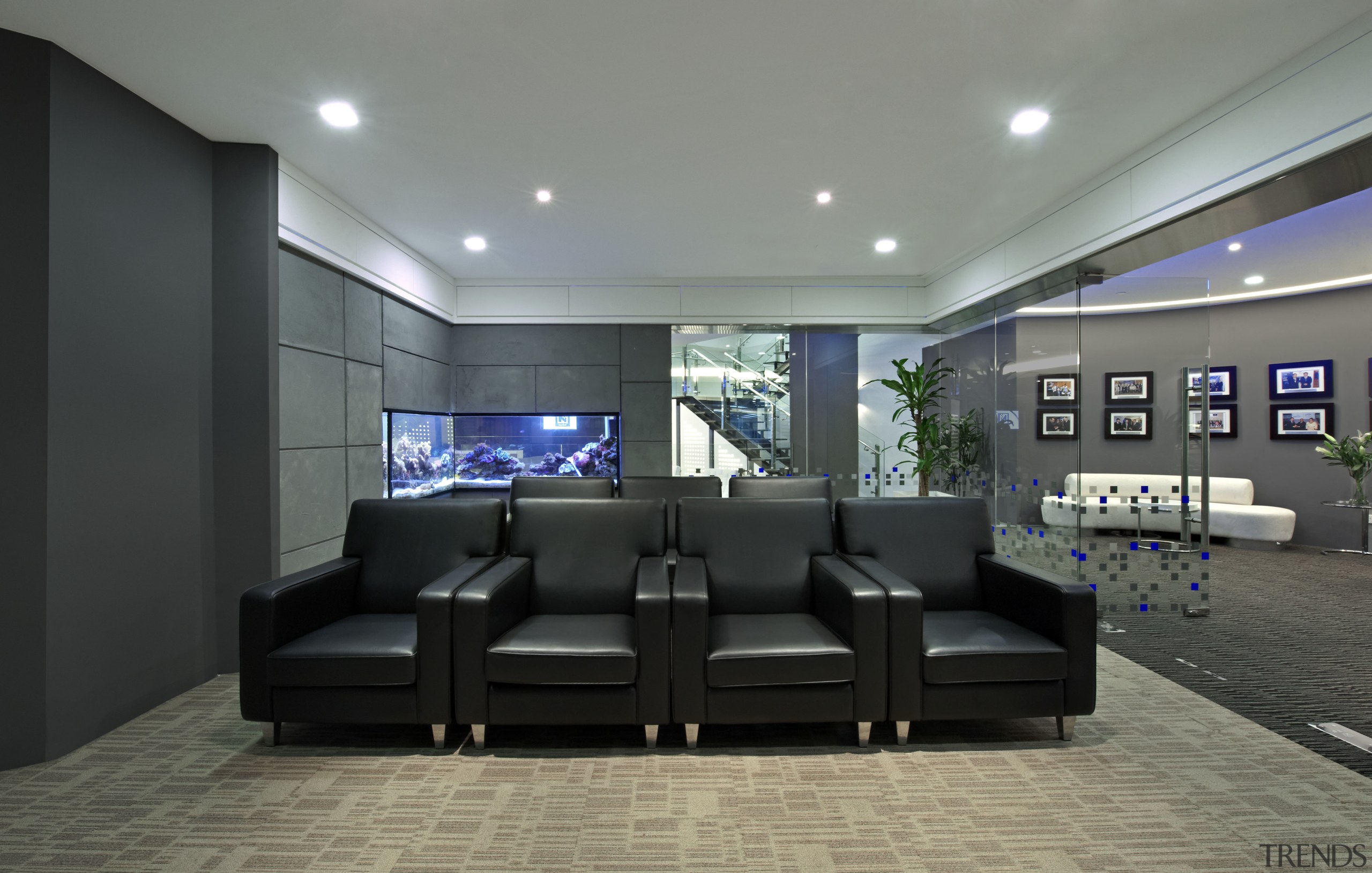 View of the security specialists Nexbis offices, reception interior design, living room, lobby, property, real estate, gray, black