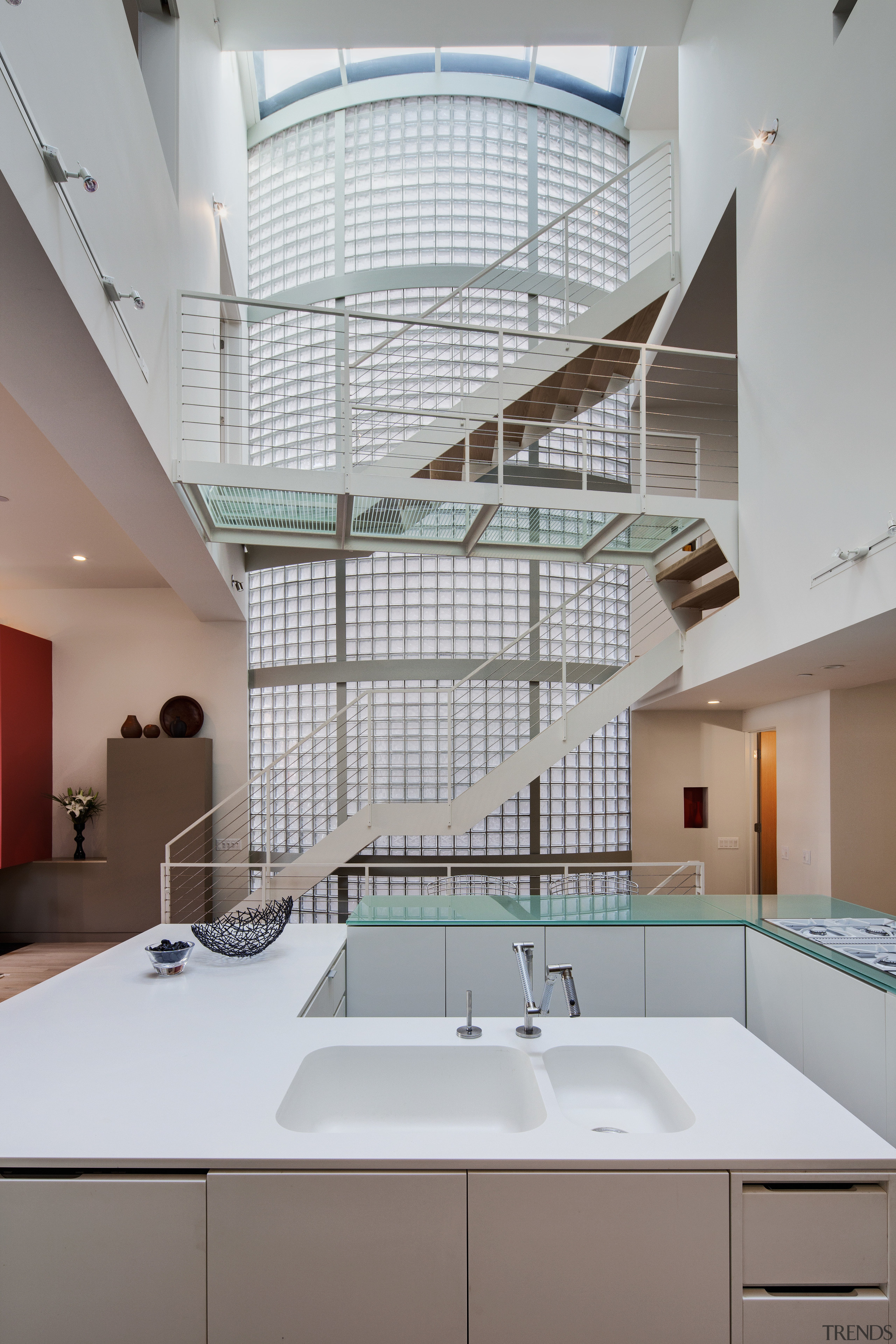 View of contemporary home within a 3-storey atrium architecture, ceiling, daylighting, glass, house, interior design, product design, gray