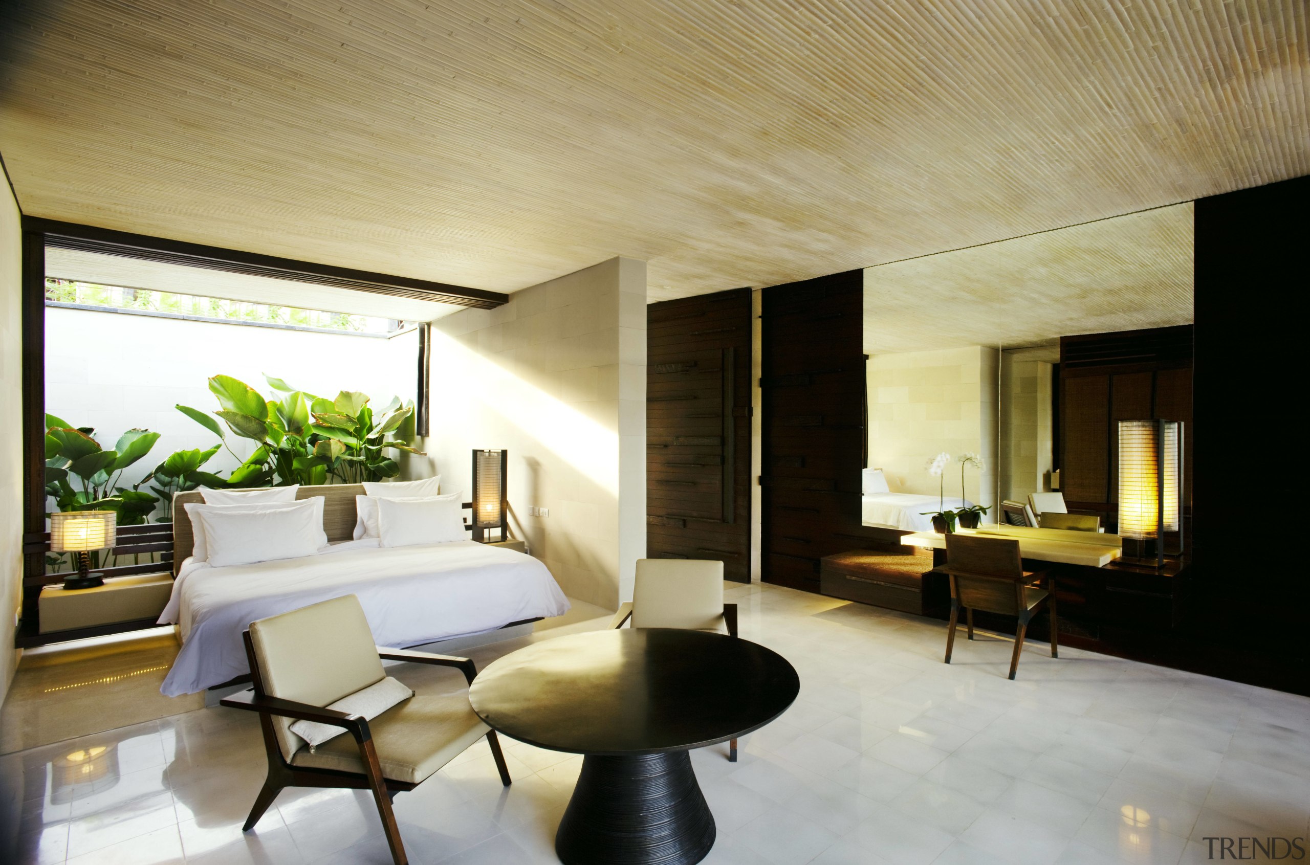 This bedroom in a luxury eco-friendly Balinese villa architecture, ceiling, house, interior design, living room, real estate, room, suite, white