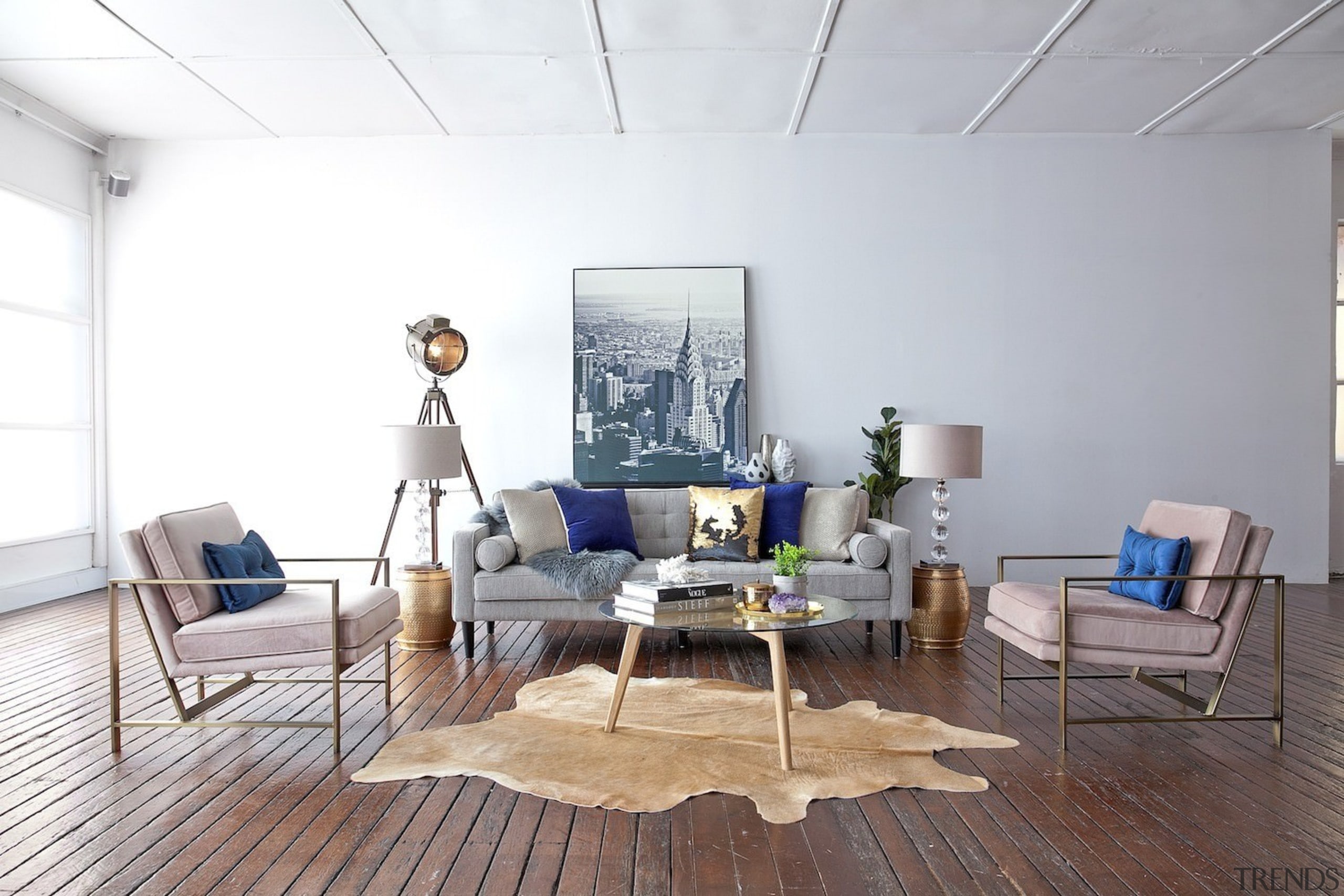 Faux studio lights and rugs can glam up chair, floor, furniture, home, interior design, living room, loft, product design, room, table, white