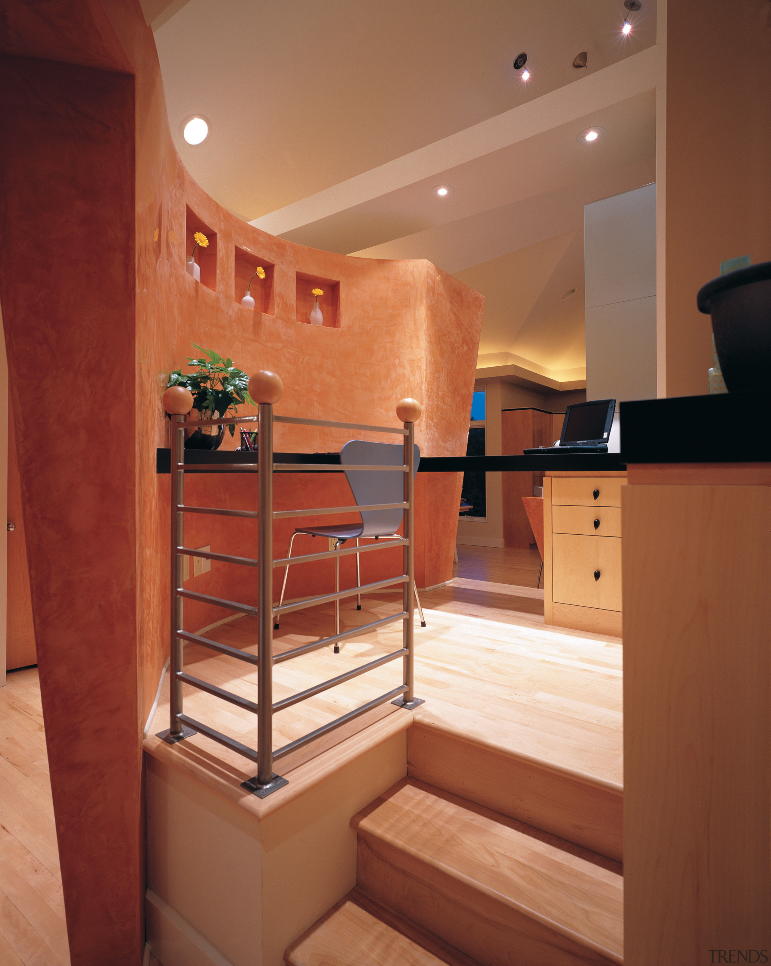 View of the kitchen area - View of cabinetry, ceiling, floor, flooring, handrail, hardwood, interior design, stairs, brown, orange