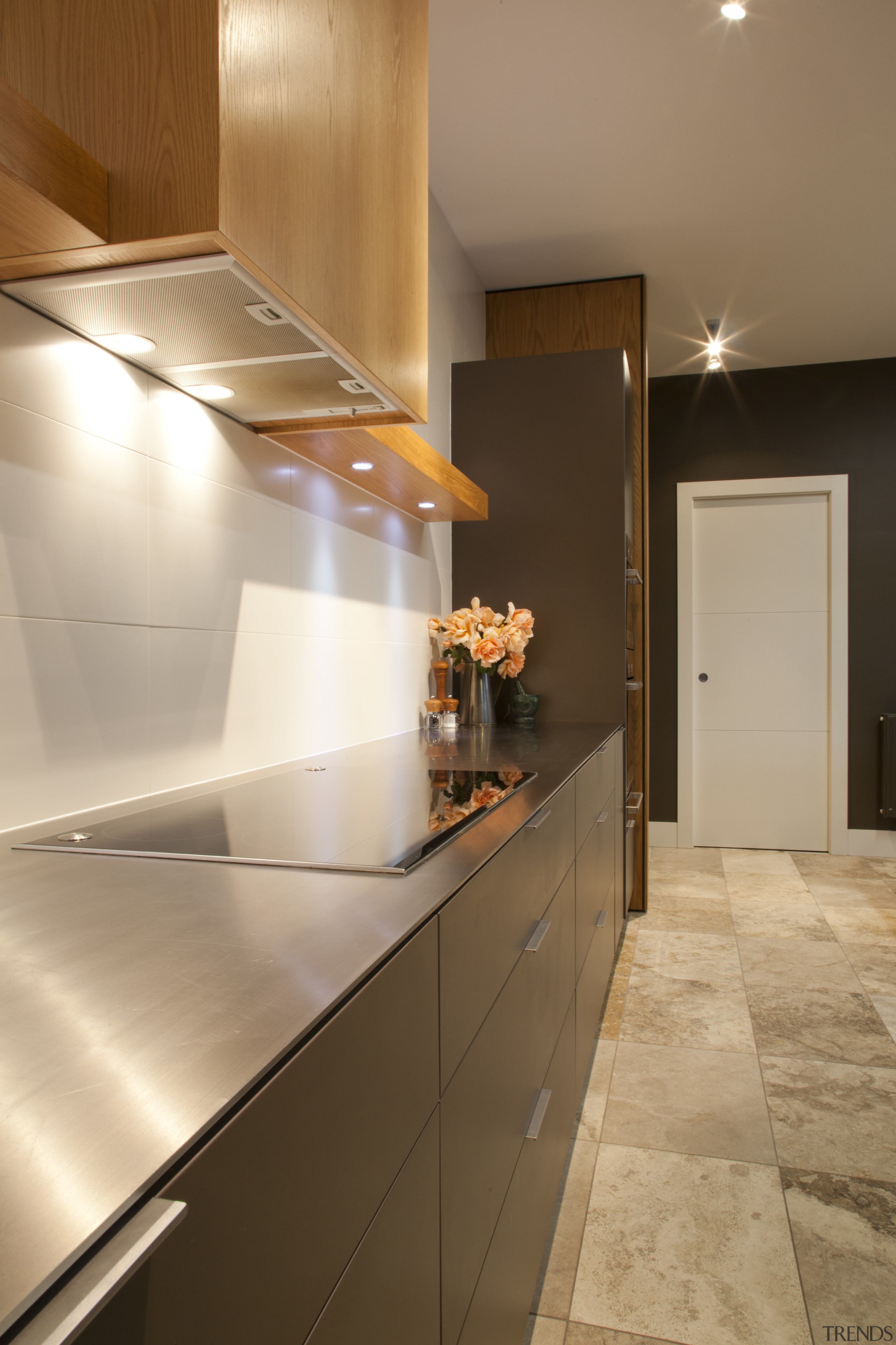 wooden rangehood, stainless benchtops, dark cabinets architecture, cabinetry, ceiling, countertop, cuisine classique, floor, flooring, interior design, kitchen, room, tile, under cabinet lighting, orange, brown