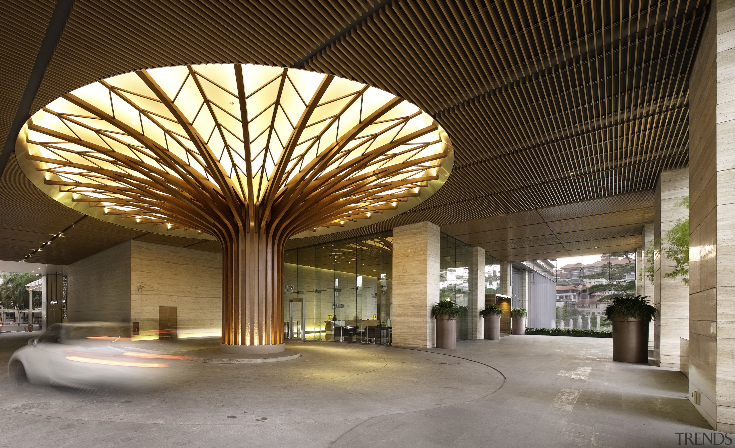 This sculptural teak Tree of Life in the architecture, ceiling, daylighting, lobby, brown