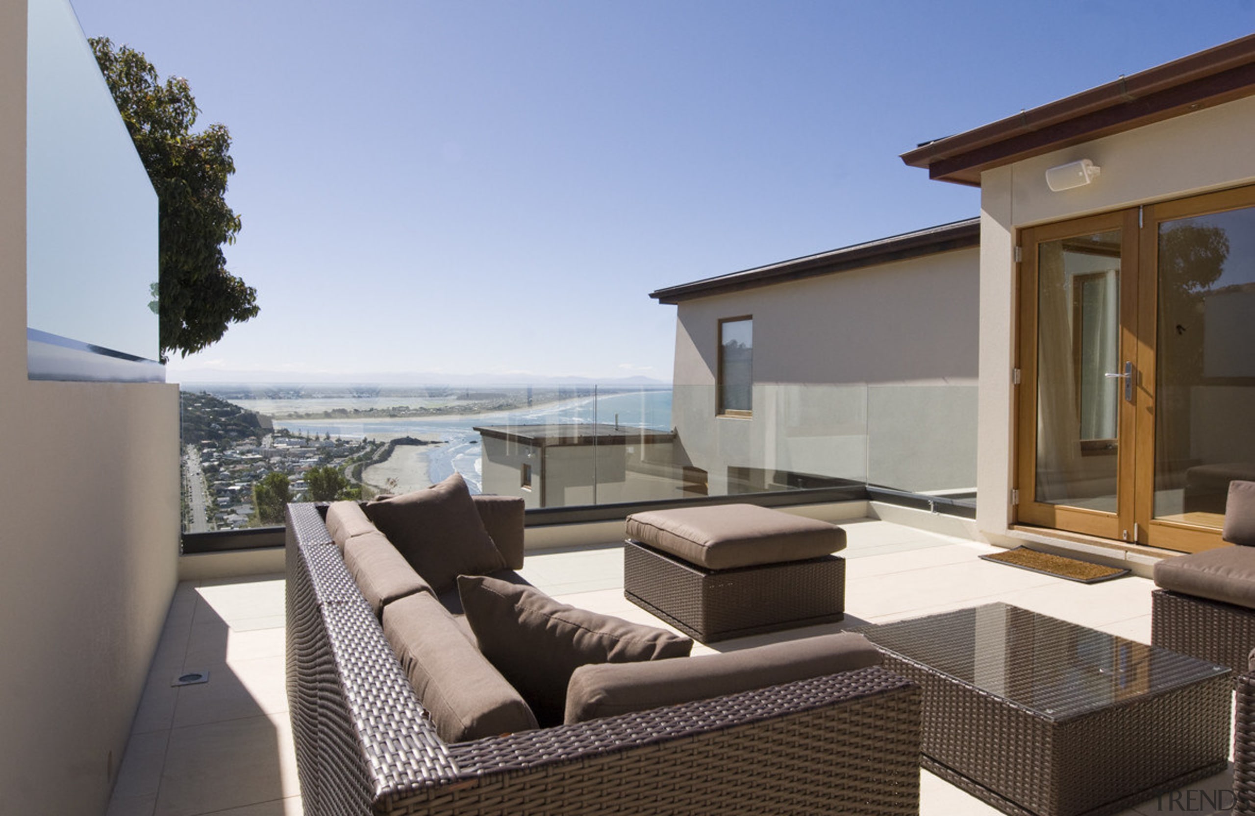 View of outdoor area with contemporary dark-toned furniture. apartment, estate, house, interior design, penthouse apartment, property, real estate, villa, teal, gray