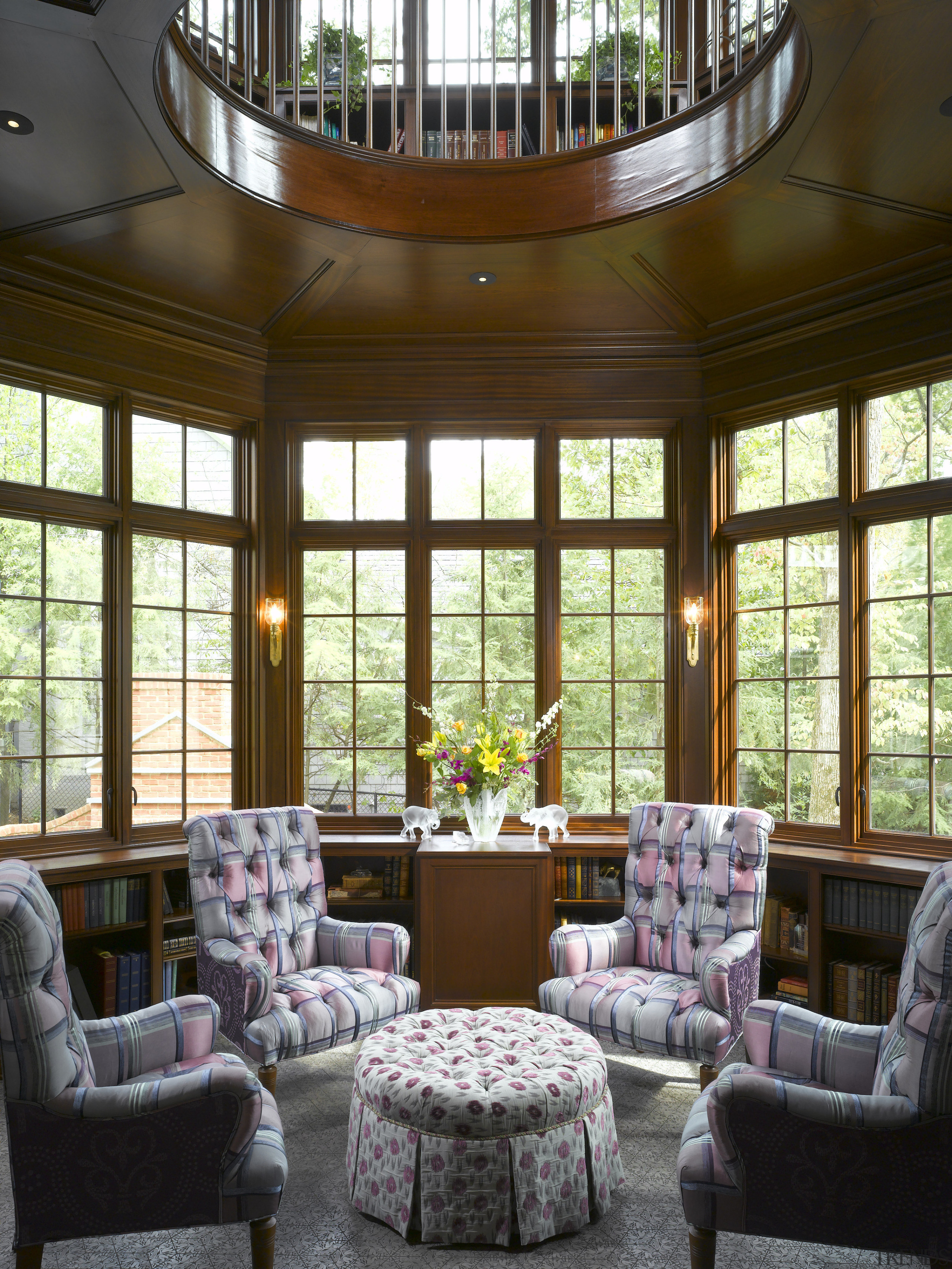 A view of the library area, wooden cabinetry ceiling, daylighting, home, interior design, living room, real estate, room, window, brown