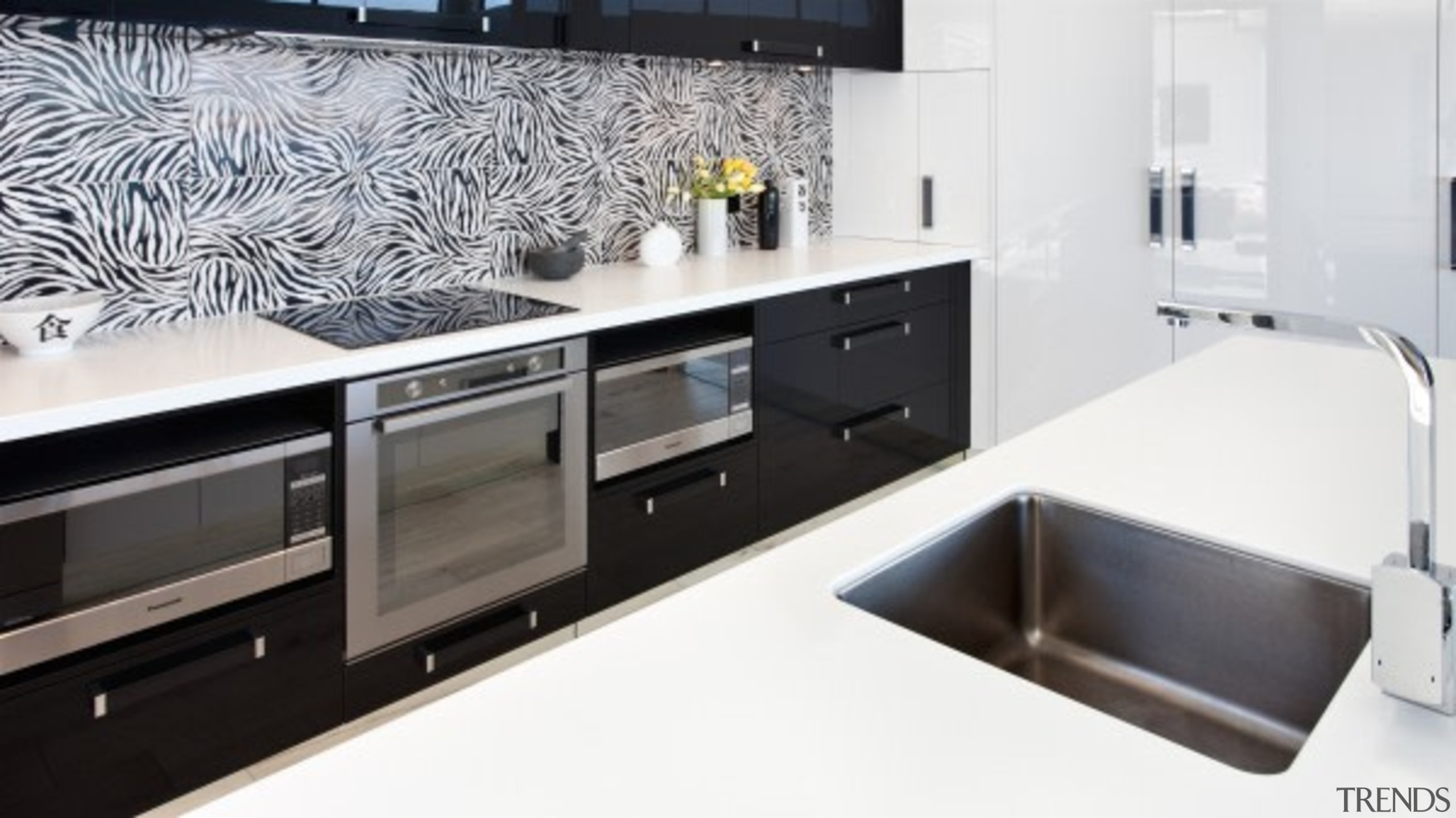 A bold two tone statement - featured in countertop, interior design, kitchen, sink, white