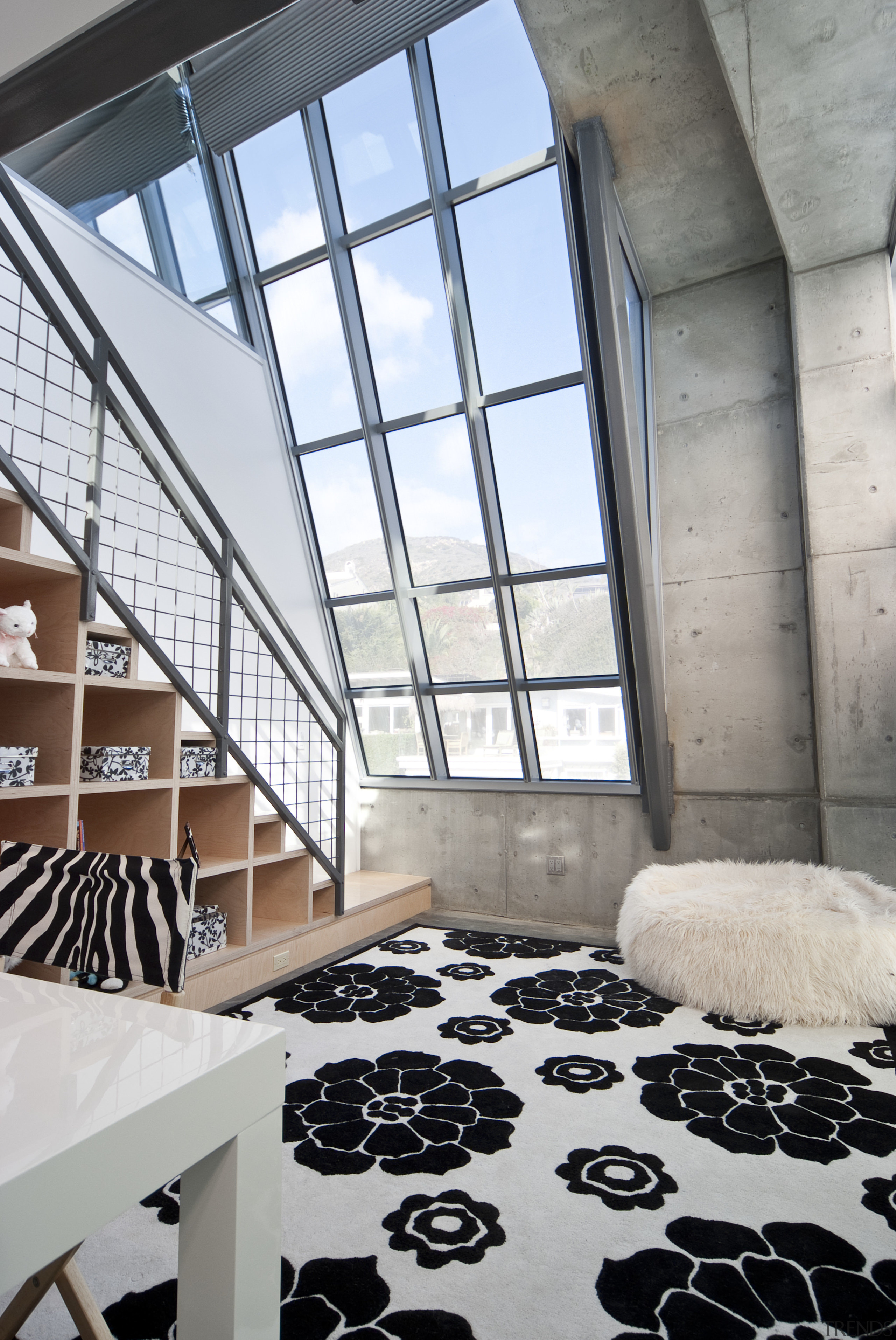 View of Childrens bedroom with large floral mat apartment, architecture, building, ceiling, daylighting, house, interior design, loft, window, gray