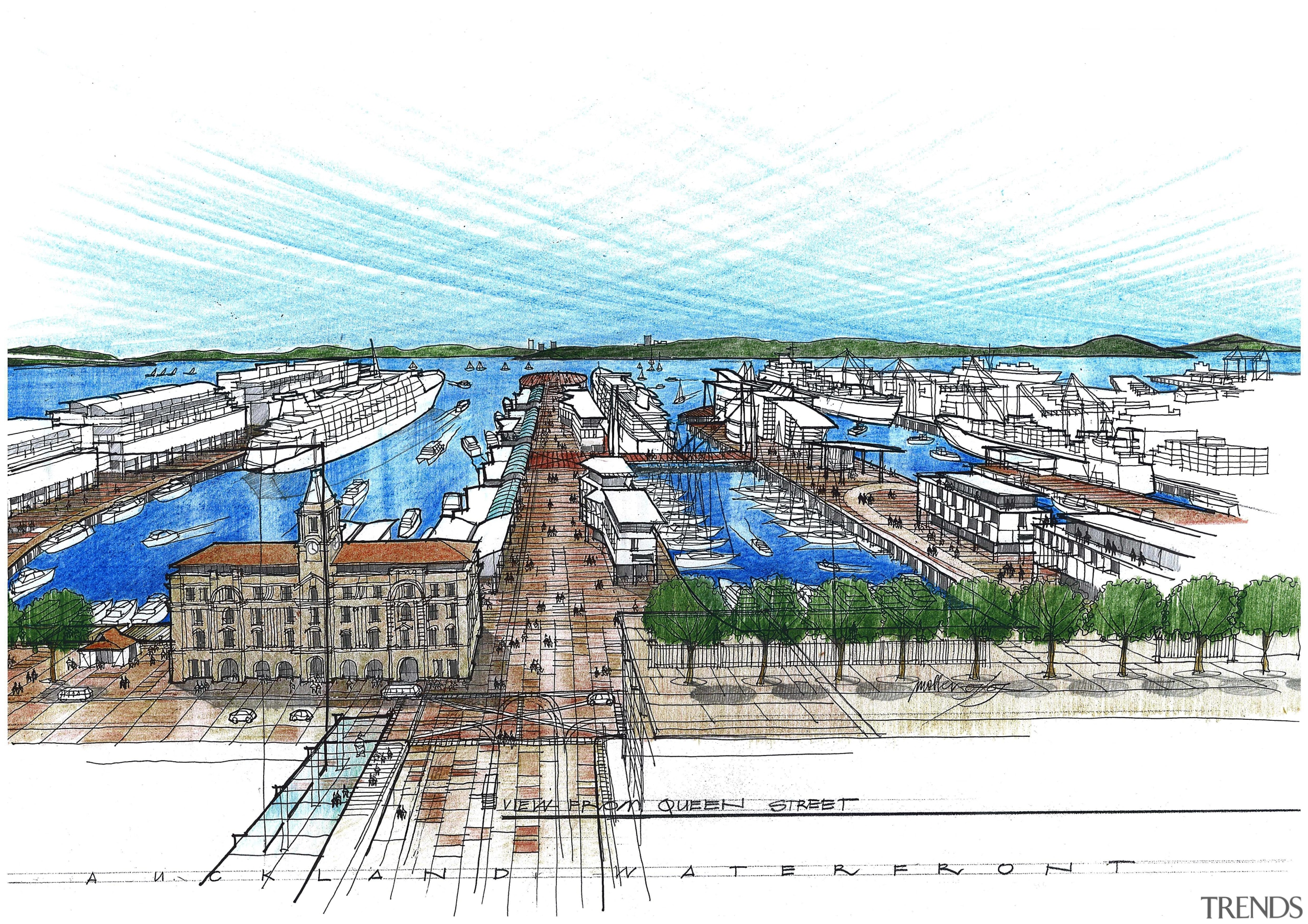 Artisits impression of development on Aucklands waterfront. area, land lot, residential area, structure, suburb, urban design, water resources, white