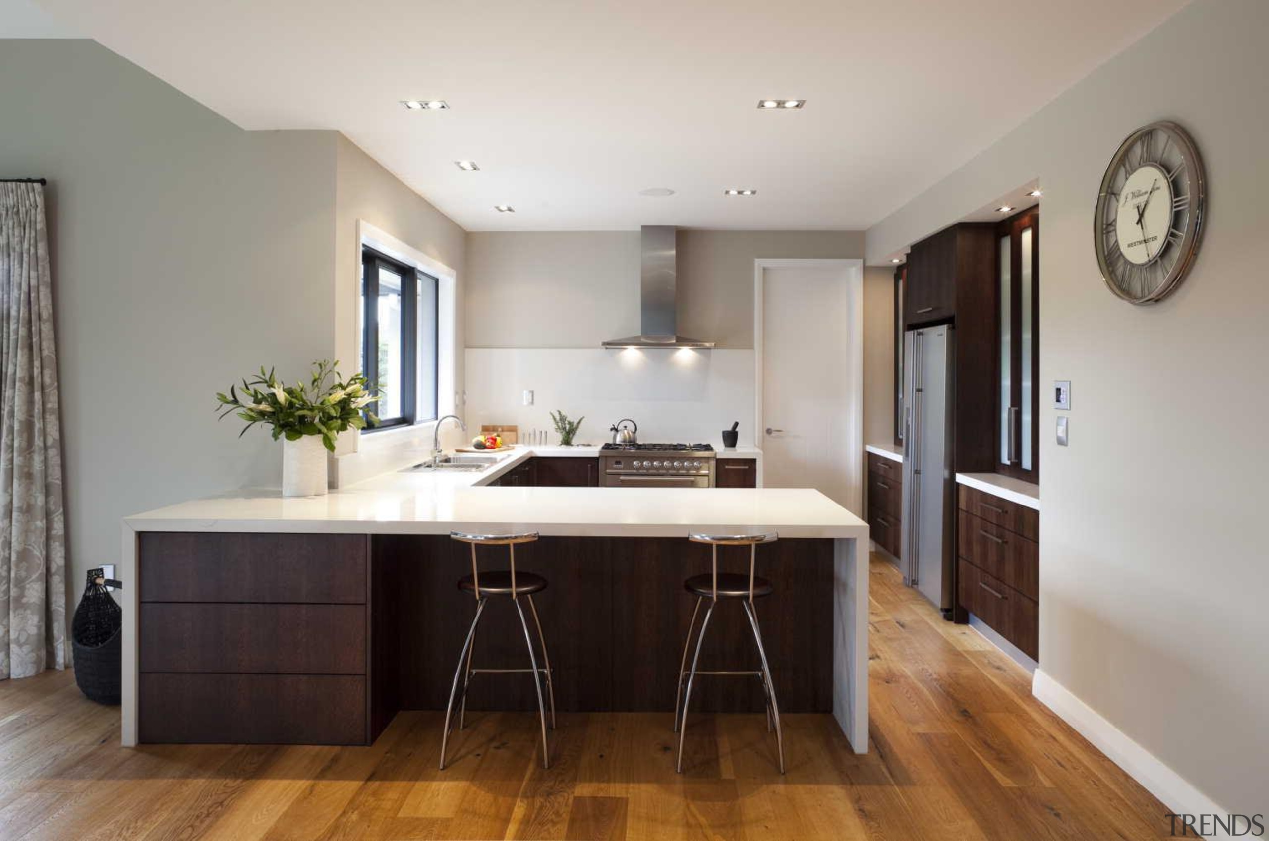 hardwood floors, tea walls, kitchen with L-shaped benchtop, cabinetry, countertop, cuisine classique, floor, flooring, hardwood, interior design, kitchen, property, real estate, room, wood flooring, gray