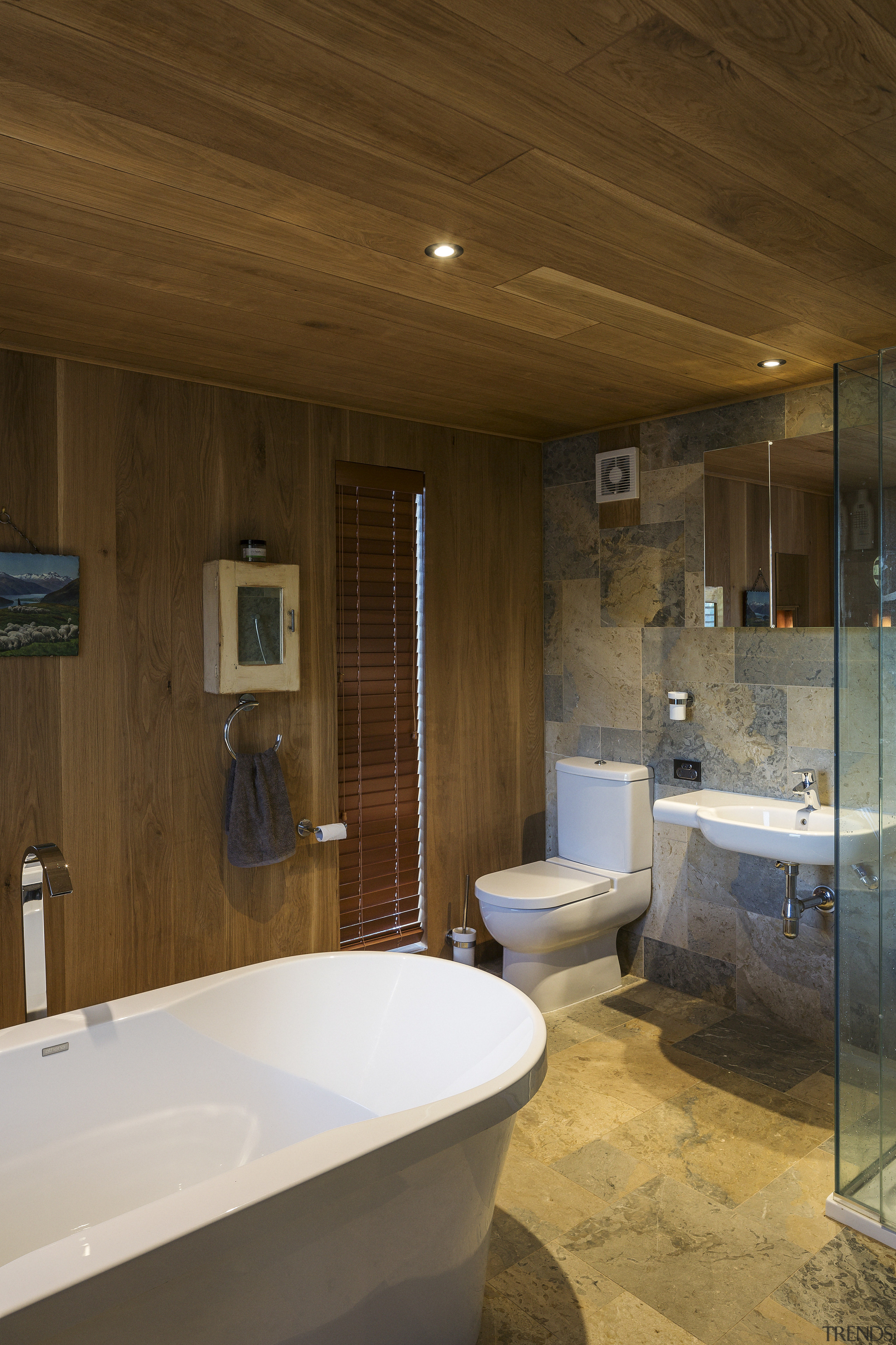 In this bathroom, American oak is teamed with architecture, bathroom, ceiling, estate, floor, home, house, interior design, real estate, room, wood, brown