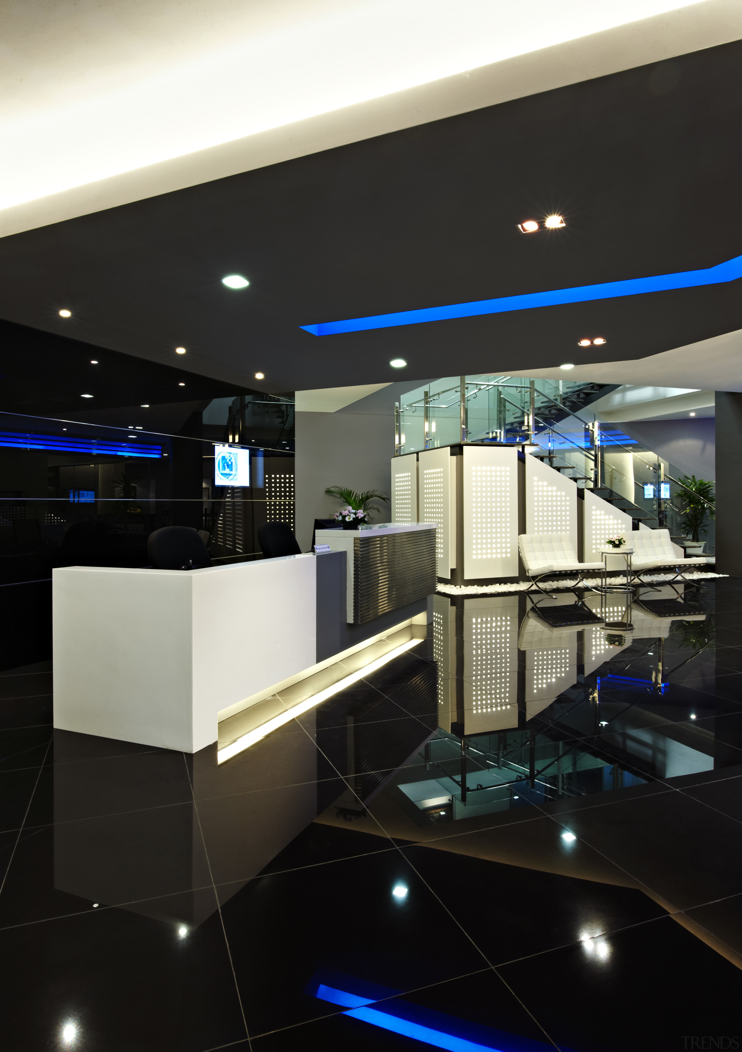 View of the security specialists Nexbis offices, reception architecture, ceiling, glass, interior design, lighting, lobby, product design, black