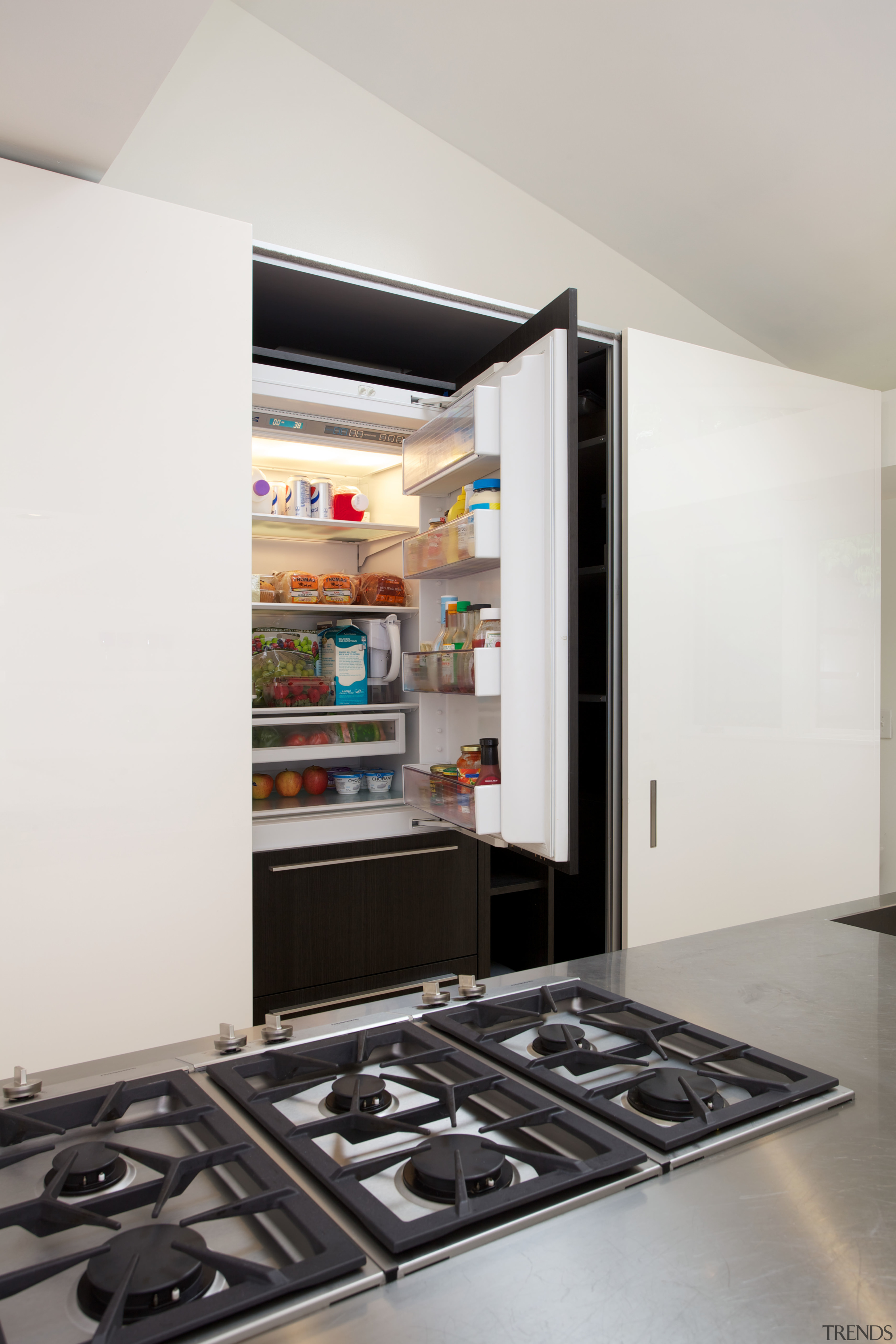 Appliances are fully concealed behind co-planar doors in interior design, white