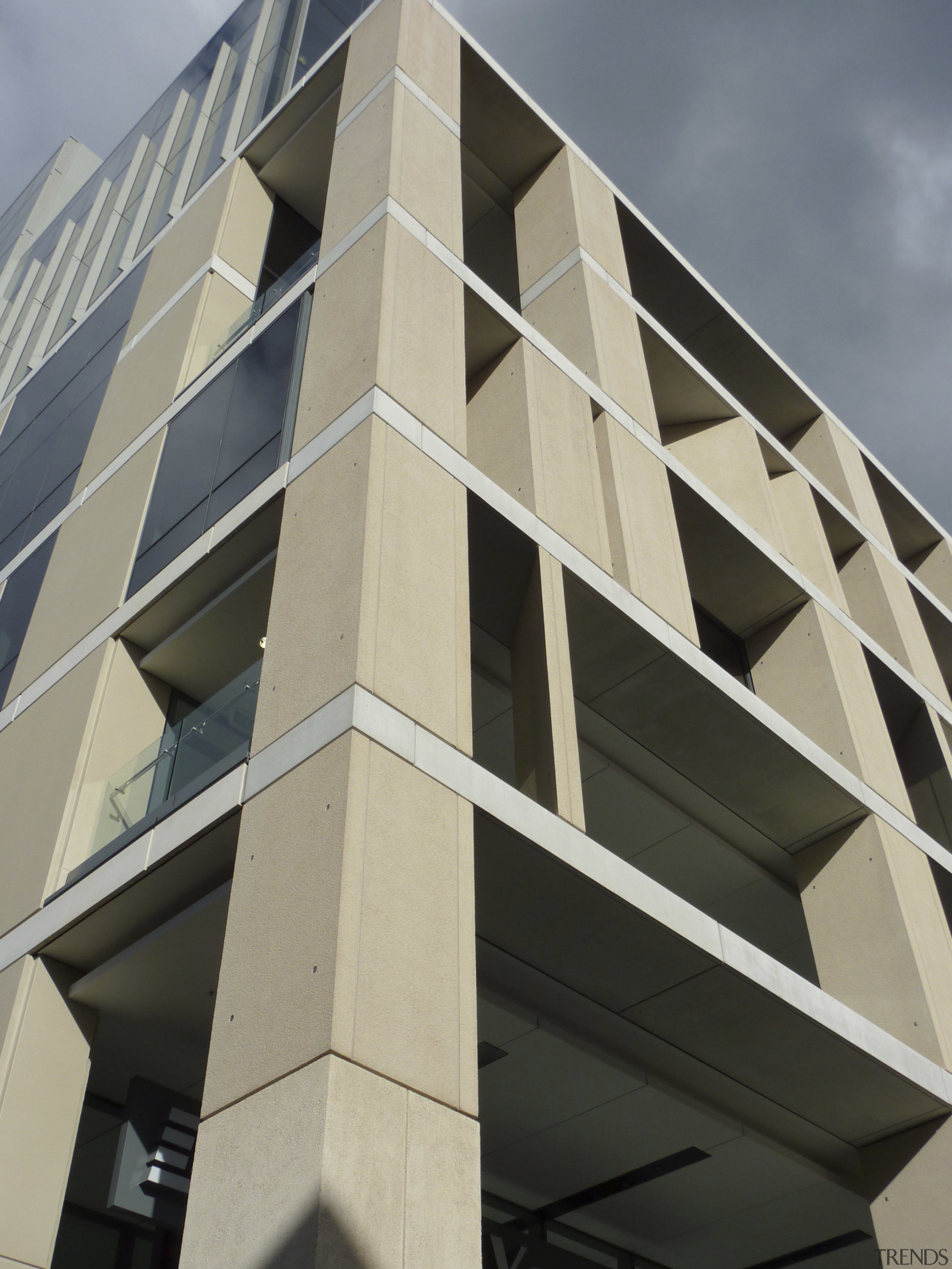 View of cladding by Unicast Cladding Systems. - angle, apartment, architecture, brutalist architecture, building, commercial building, condominium, corporate headquarters, daylighting, daytime, elevation, facade, headquarters, line, residential area, sky, tower block, window, gray, black