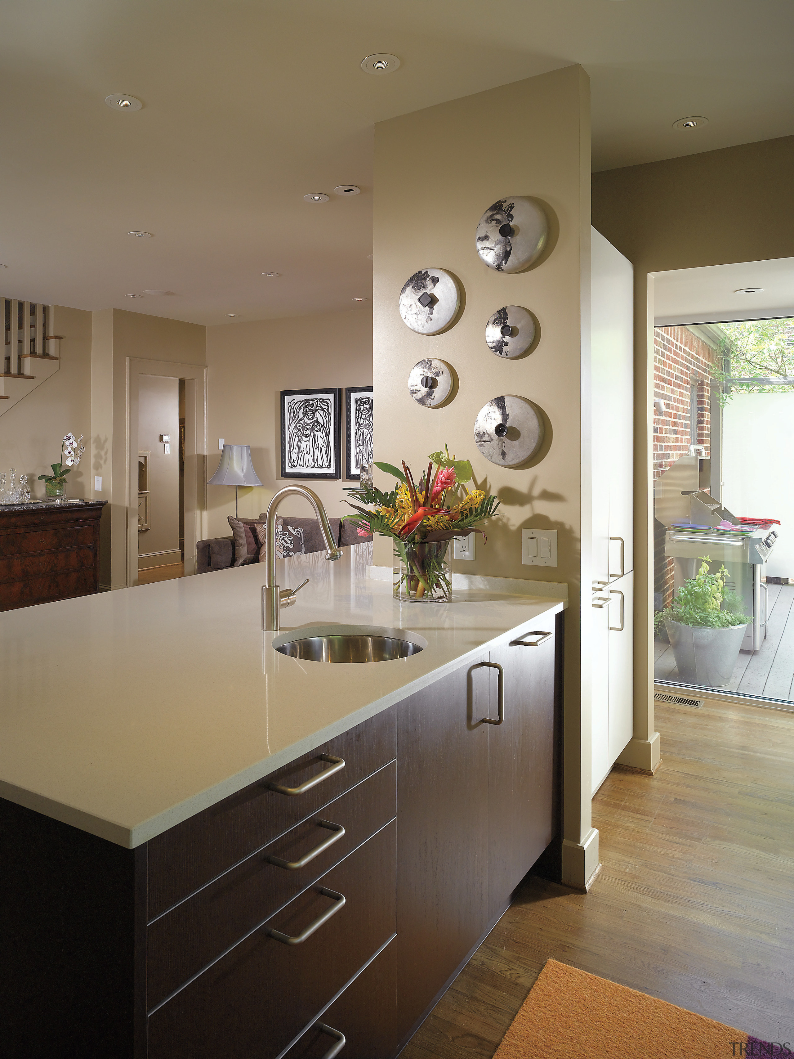 A sink in the island and a second cabinetry, ceiling, countertop, cuisine classique, home, interior design, kitchen, room, brown, gray