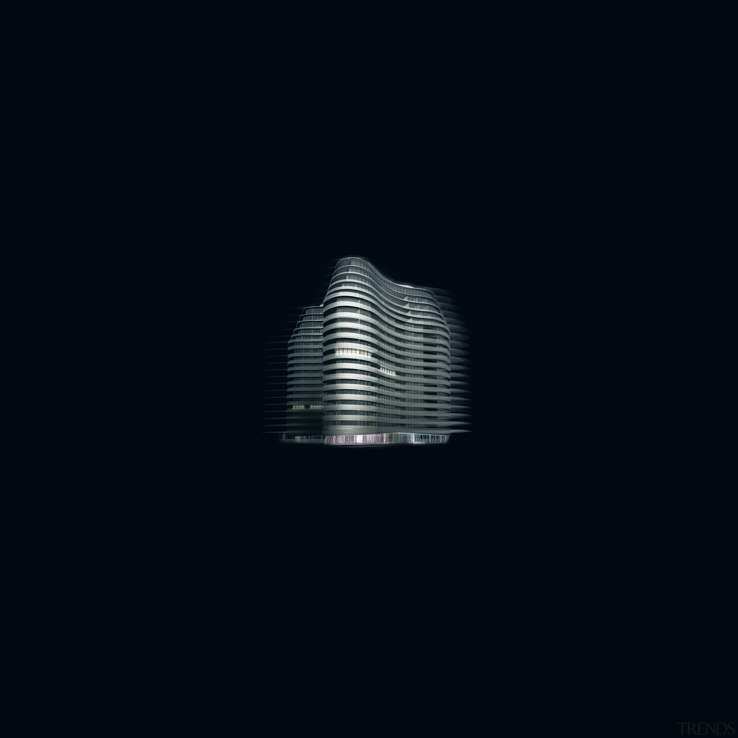 Artists impression of curved sculptural residential tower. black, black and white, computer wallpaper, darkness, light, light fixture, lighting, night, black