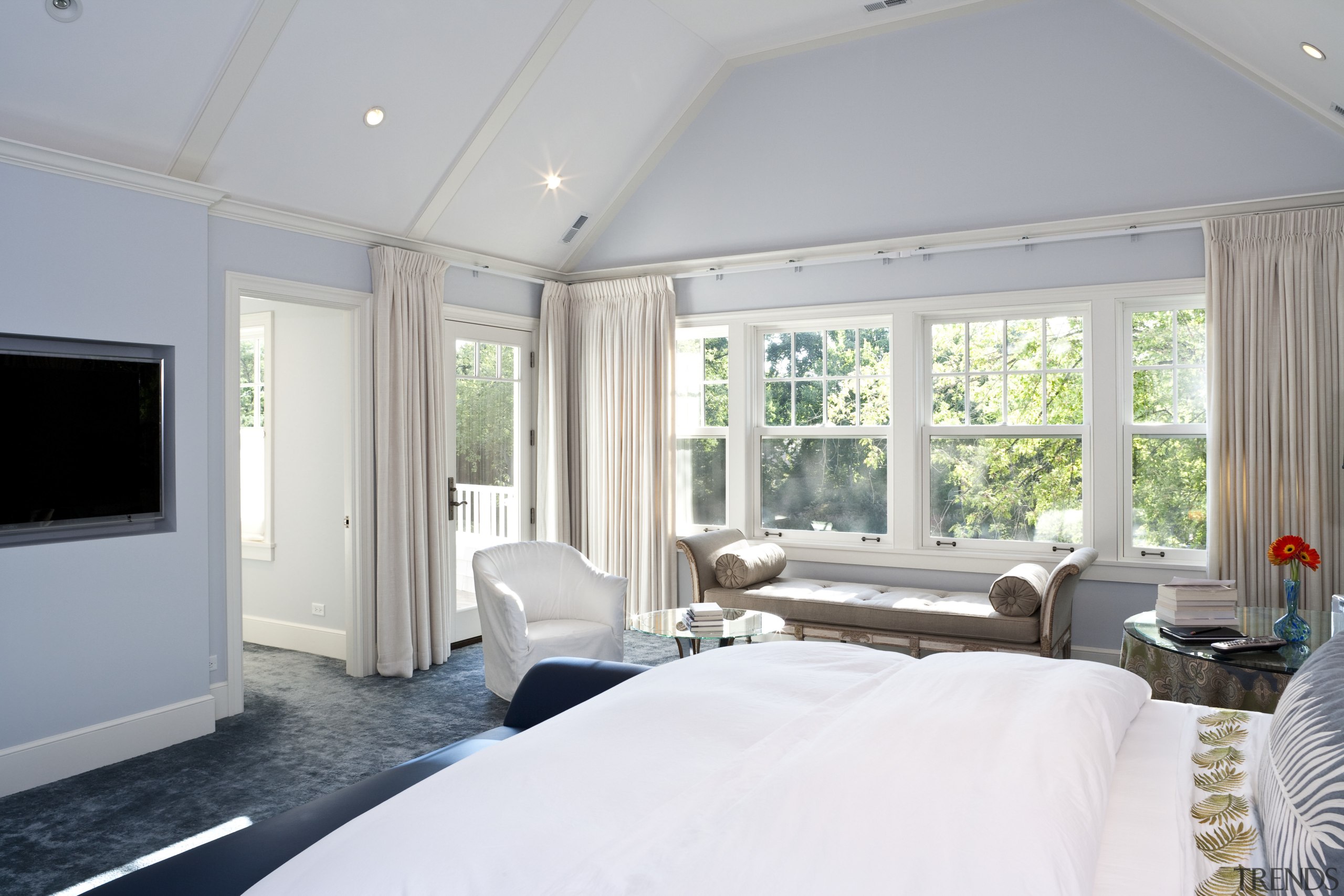 View of the master bedroom featuring bed with bedroom, ceiling, estate, home, interior design, property, real estate, room, window, gray
