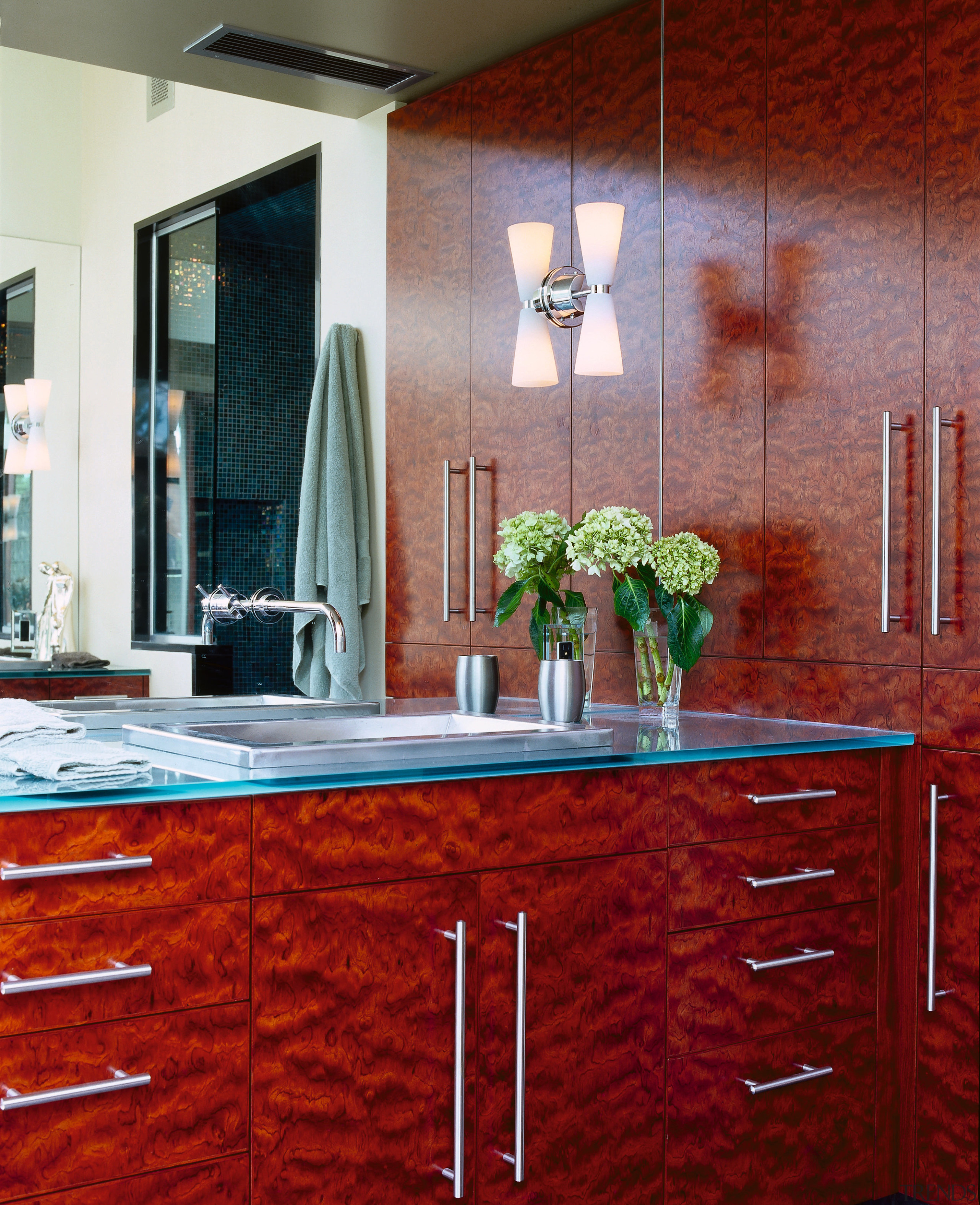 View of this vanity unit - View of cabinetry, ceiling, countertop, floor, flooring, furniture, home, interior design, kitchen, room, table, wall, red