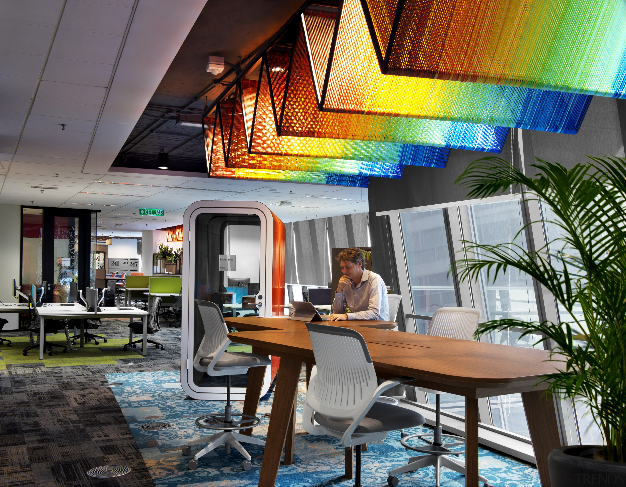 A feature of the Microsoft KL fit-out, vibrant interior design, lobby, real estate, gray, black