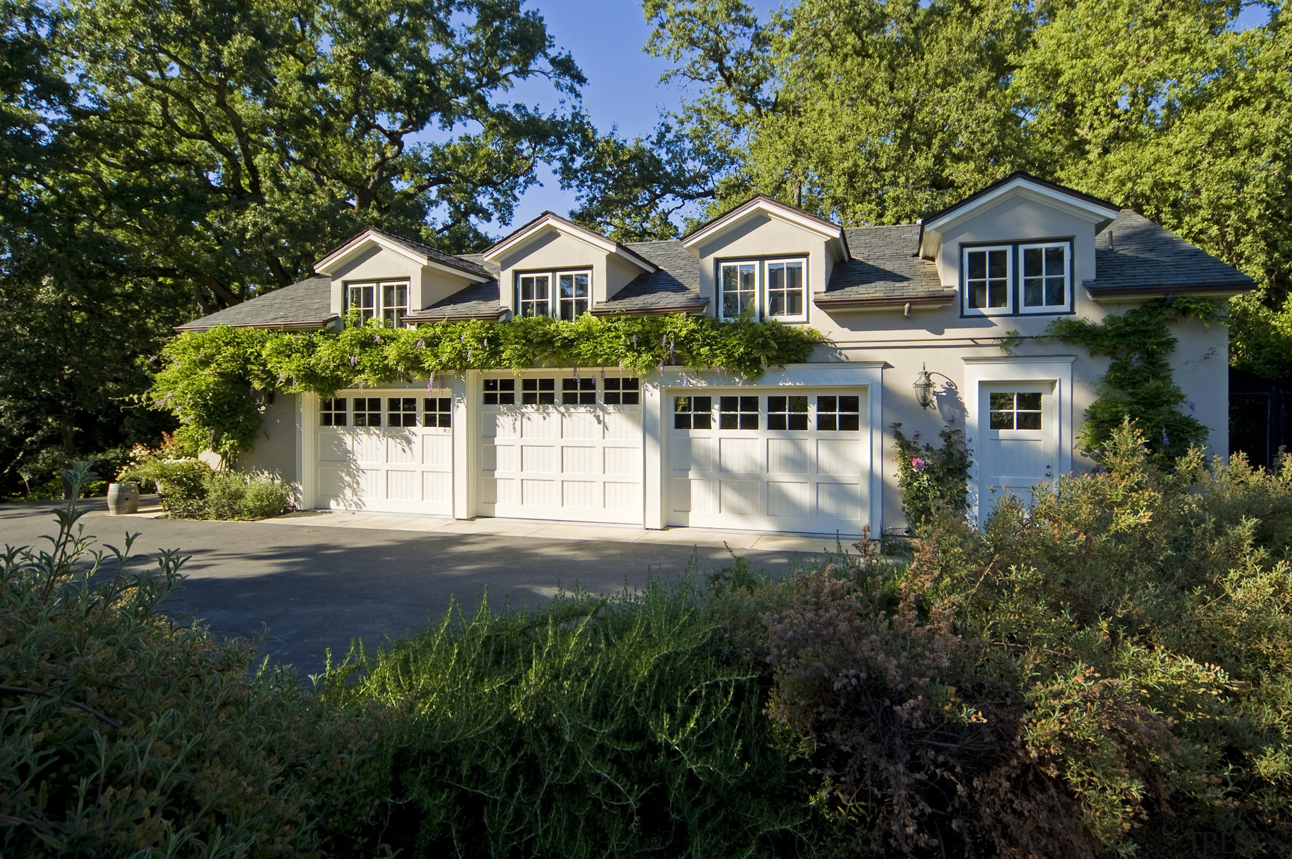 View of home with three garages. - View backyard, cottage, estate, facade, farmhouse, home, house, landscape, landscaping, mansion, neighbourhood, outdoor structure, property, real estate, residential area, siding, suburb, tree, yard, brown, black