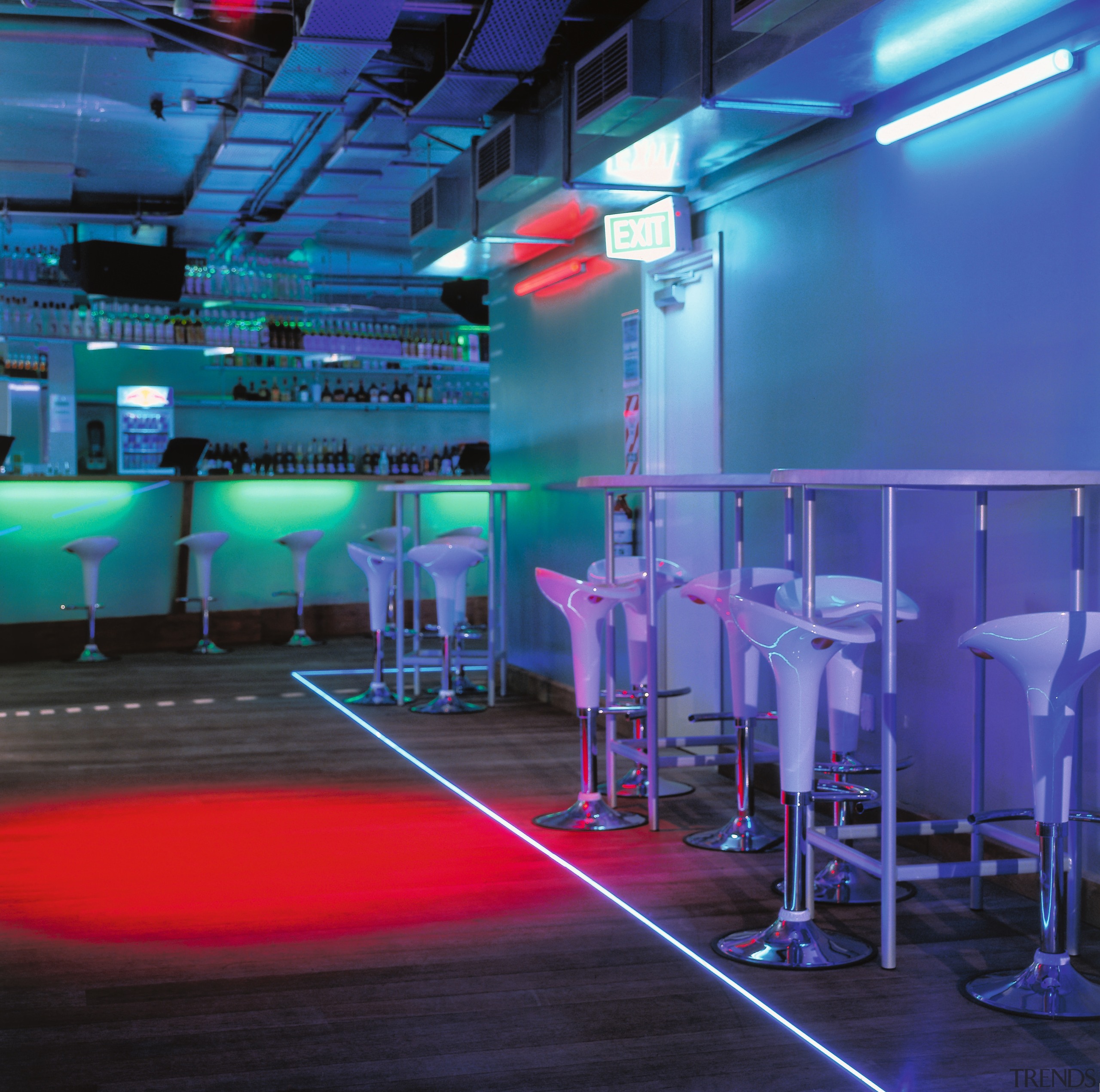 View of bar with bar stools and tables, light, lighting, purple, sport venue, stage, structure, technology, blue