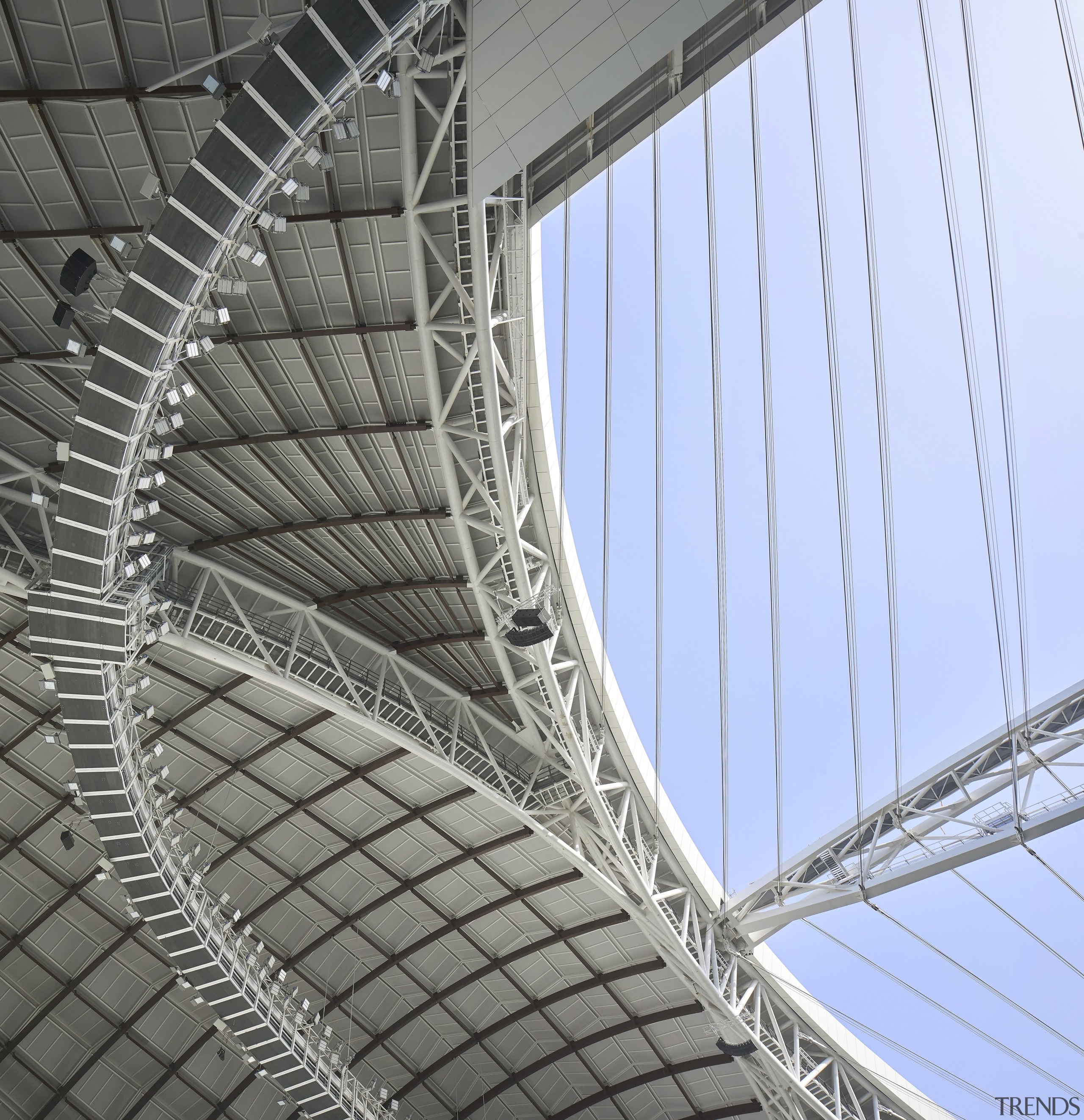 The stadium has an operable roof designed by architecture, landmark, line, metal, metropolitan area, pattern, sky, stadium, gray, teal