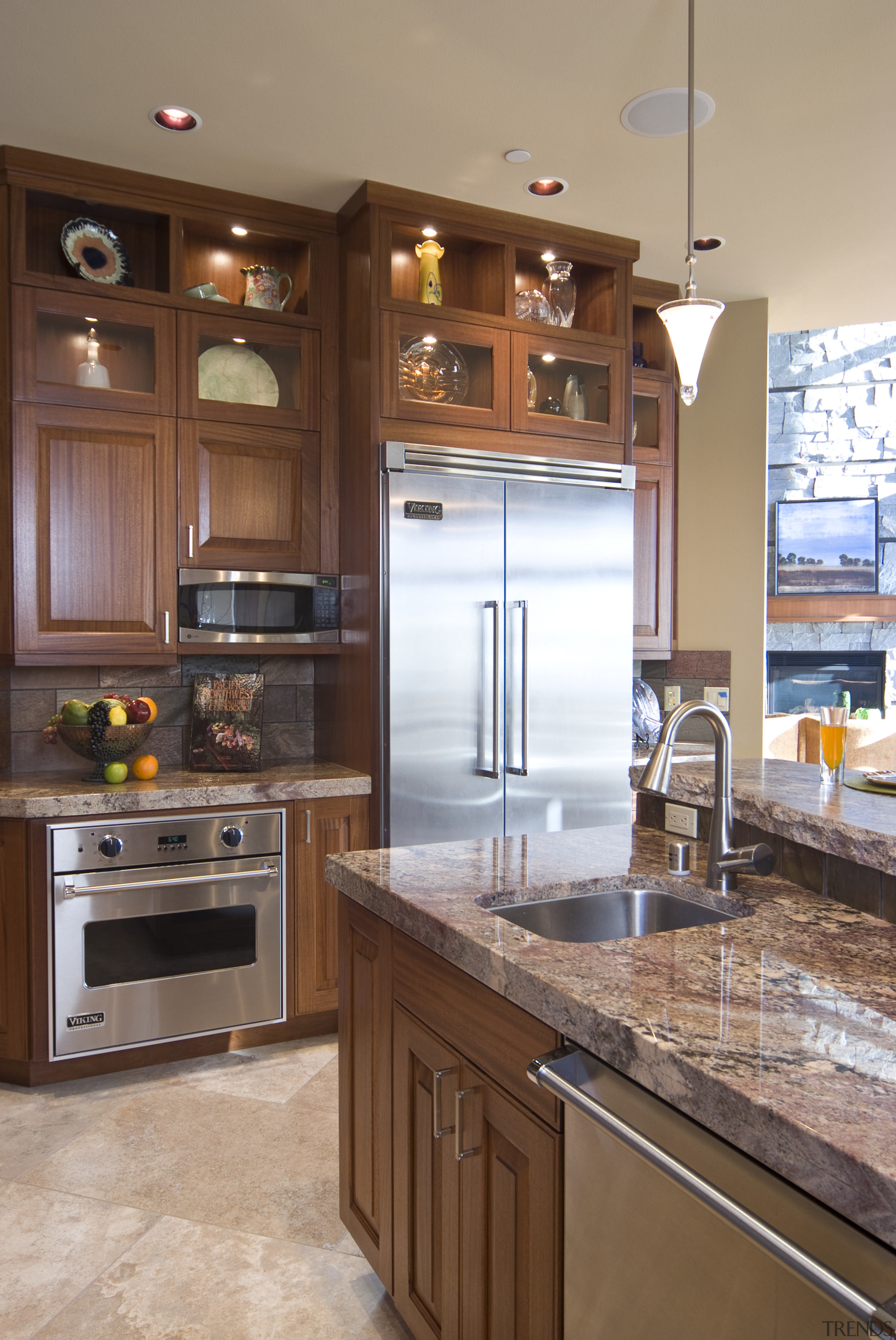 Pacific Crest Industries design and manufacture custom cabinetry cabinetry, countertop, cuisine classique, flooring, hardwood, home appliance, interior design, kitchen, kitchen appliance, refrigerator, room, wood flooring, brown