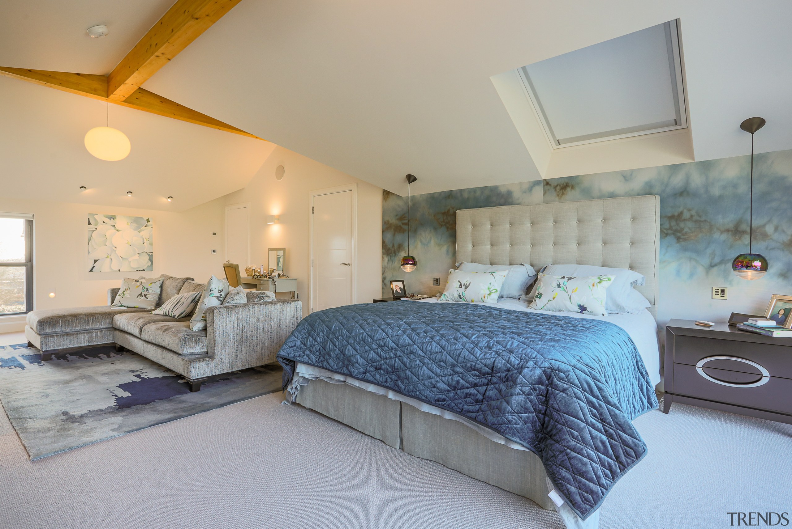 The sprawling master bedroom with coverable skylight. 