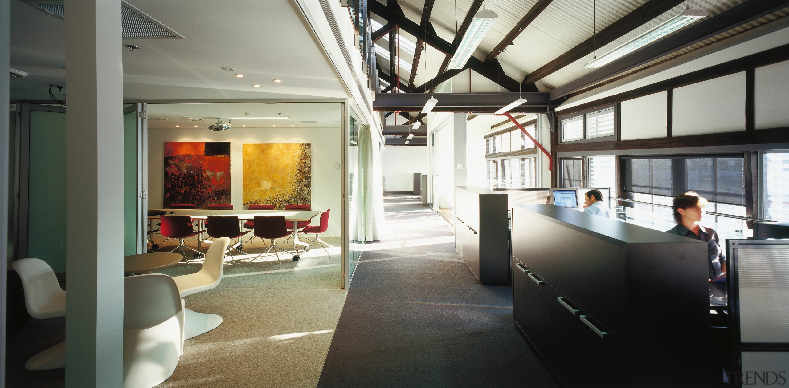 A view of the communal area. - A ceiling, interior design, lobby, loft, black, white