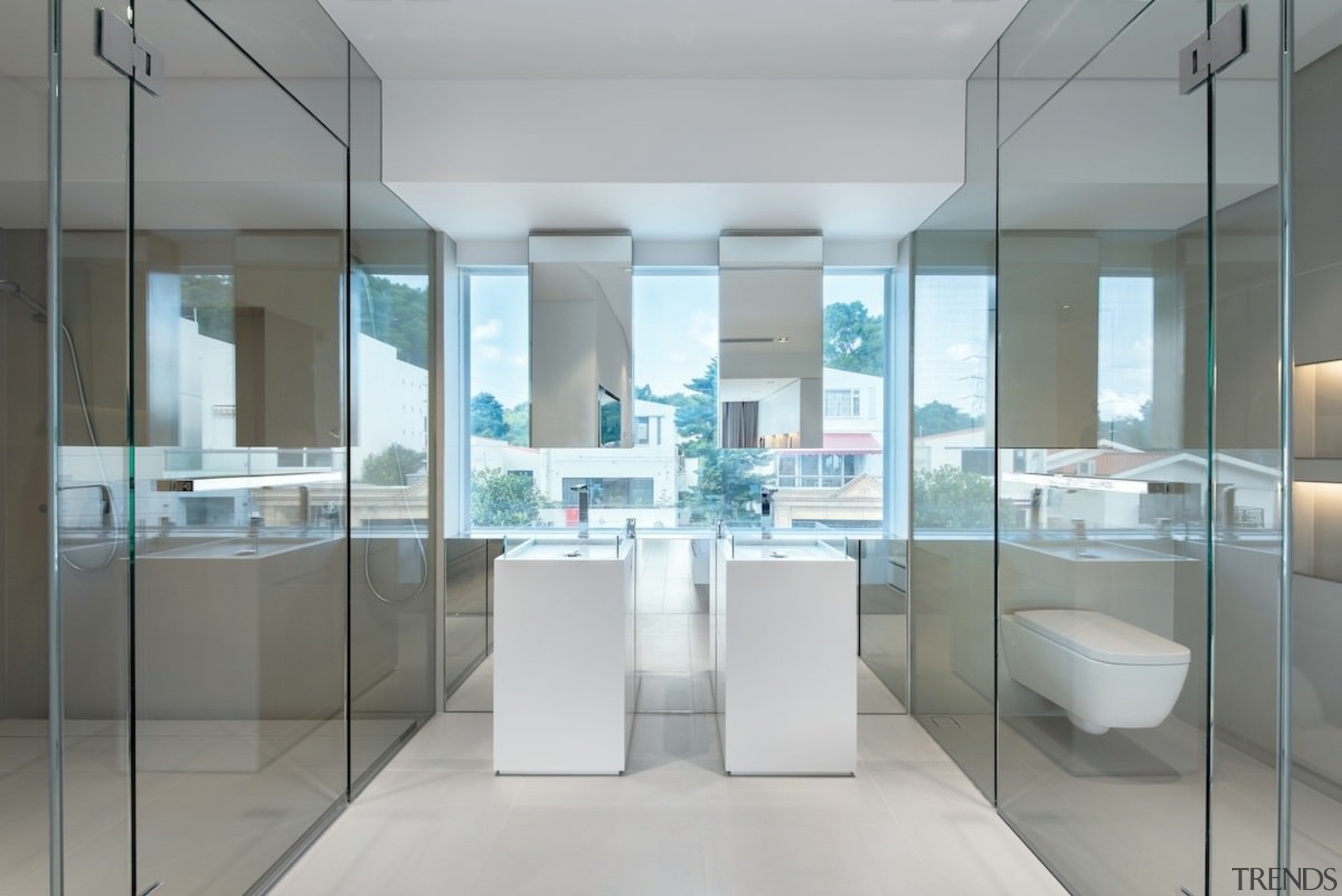 His and hers sinks feature views of the architecture, glass, interior design, product design, gray