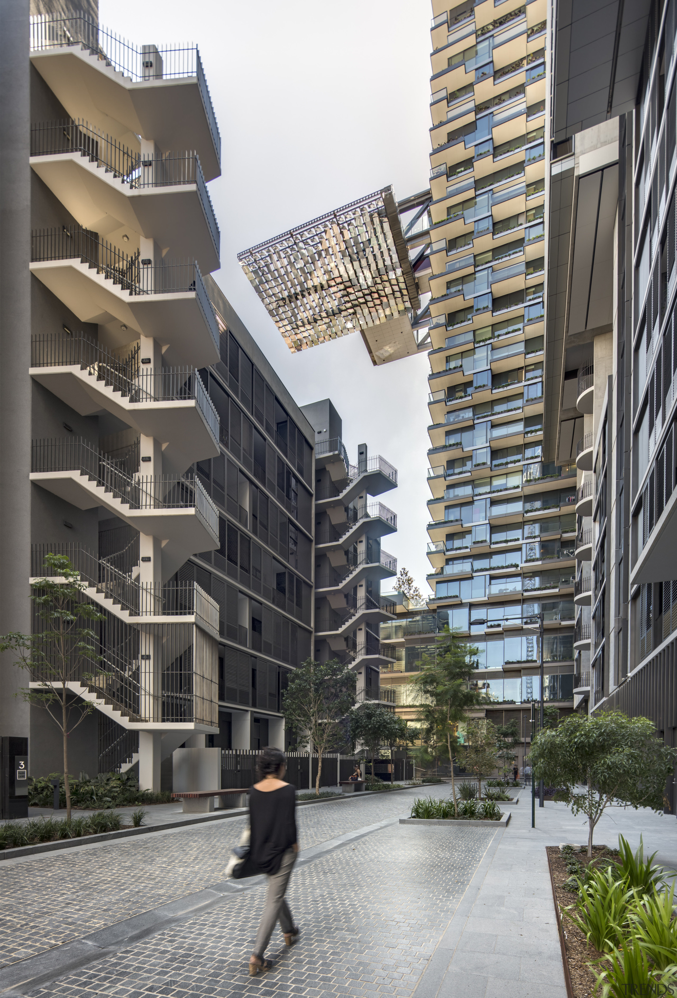 Public walkways on the retail podium at One apartment, architecture, building, city, condominium, facade, metropolis, metropolitan area, mixed use, neighbourhood, real estate, residential area, skyscraper, tower block, urban area, urban design, window, gray, black