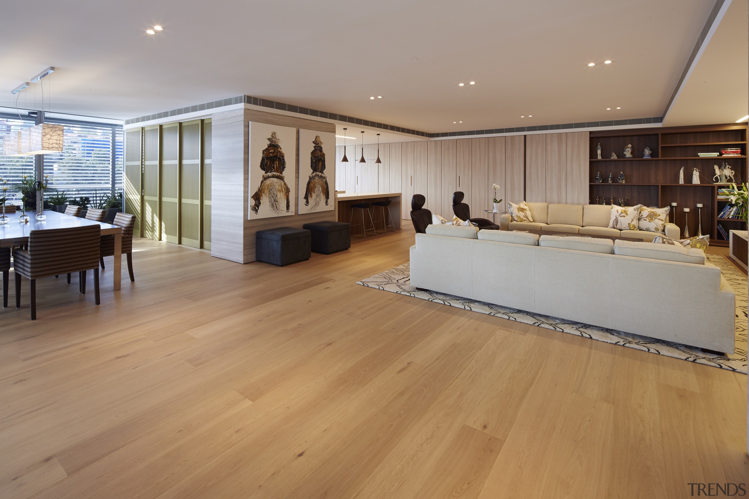 Sliding doors screen off the kitchen from the floor, flooring, hardwood, interior design, laminate flooring, real estate, wood, wood flooring, orange, gray