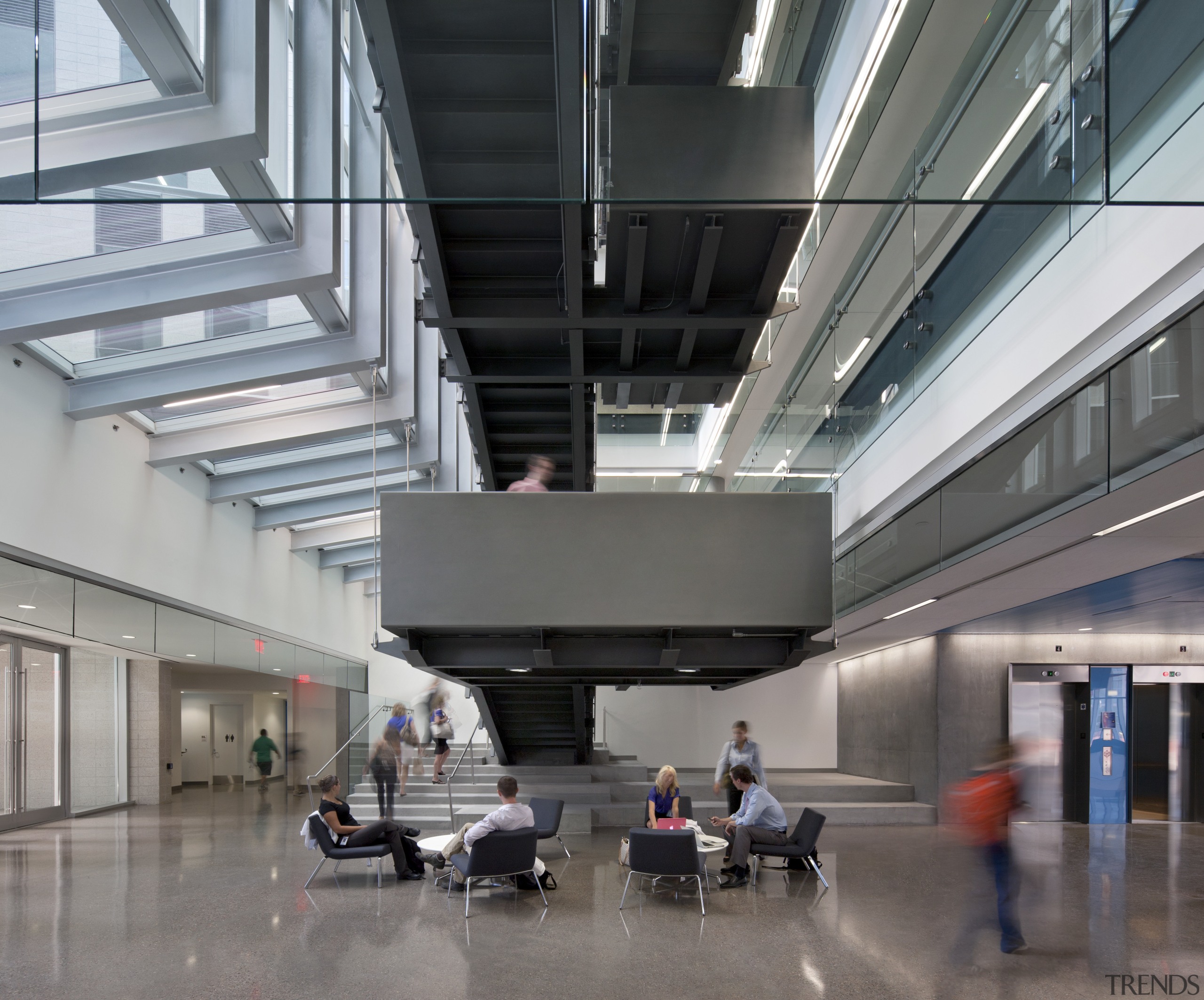 The lobby level at the bottom of the airport terminal, architecture, building, daylighting, lobby, metropolitan area, gray