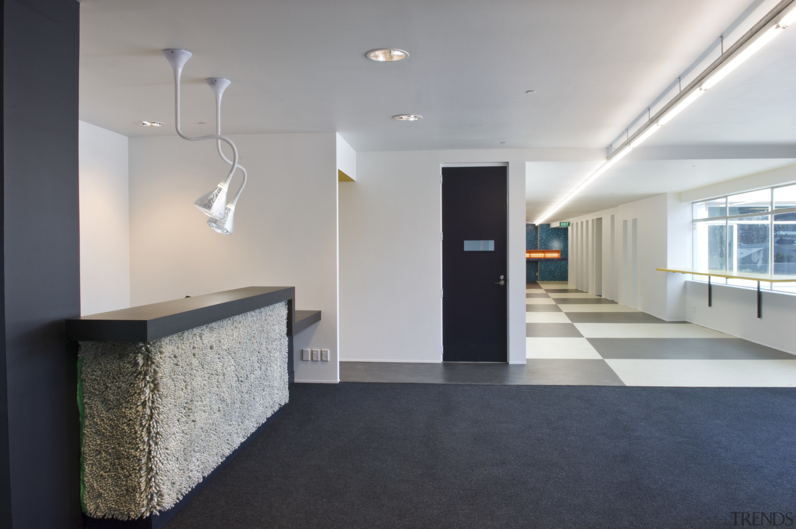 A reception desk covered in a thick pile architecture, ceiling, daylighting, floor, flooring, house, interior design, lobby, real estate, gray