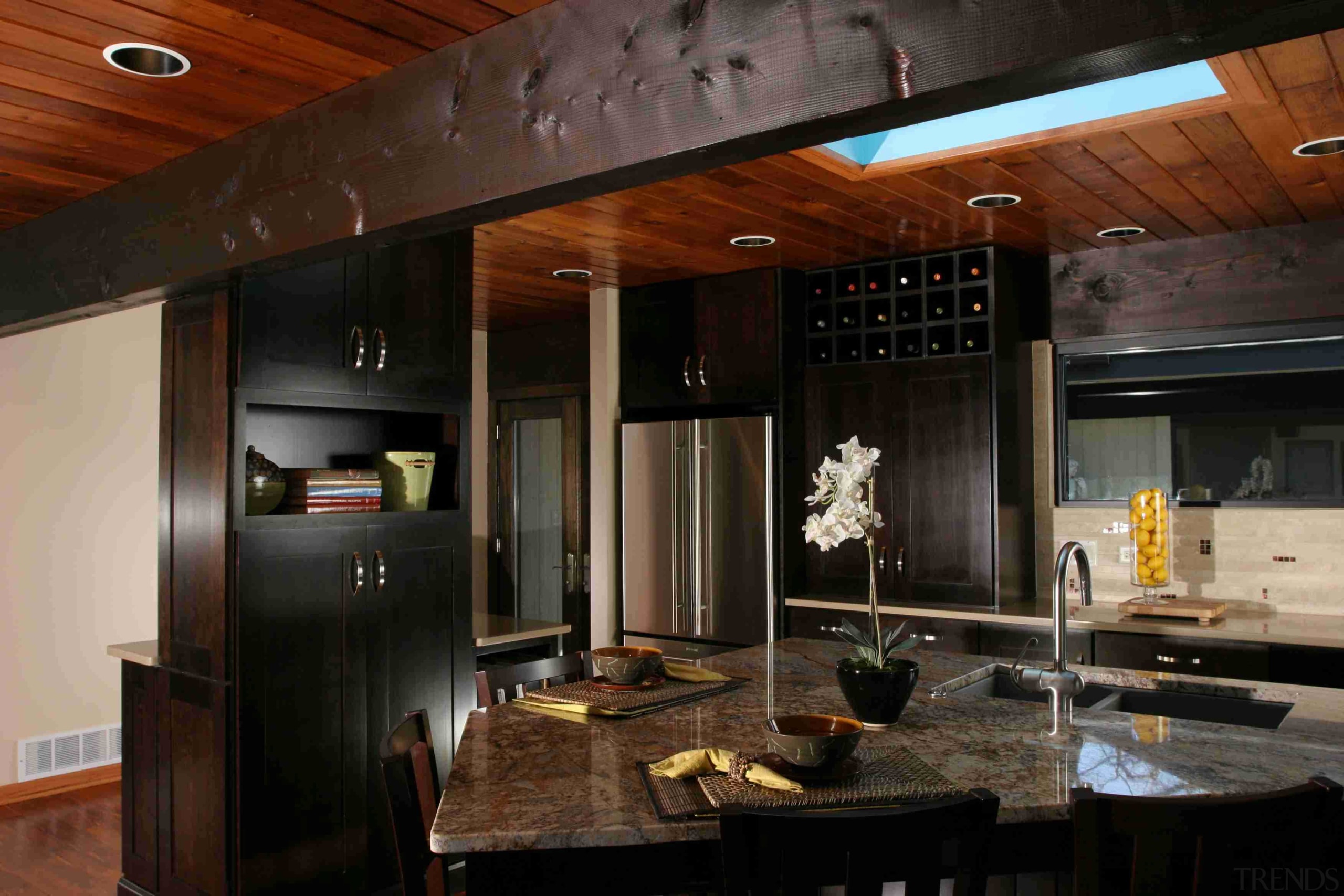 View of a kitchen designed and built by ceiling, countertop, interior design, kitchen, black