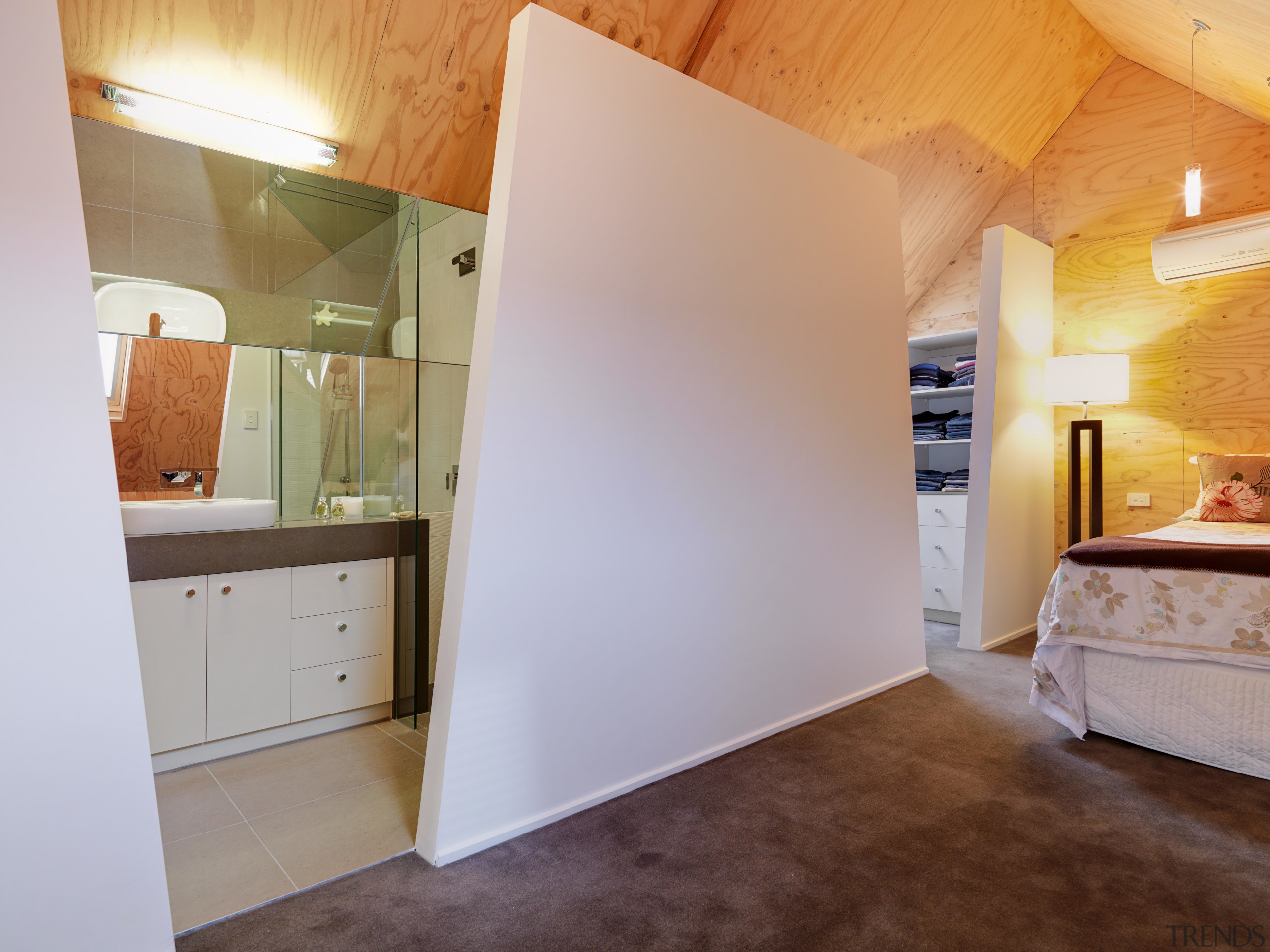 View of bathroom suite with angled openings - architecture, cabinetry, ceiling, daylighting, floor, flooring, hardwood, home, house, interior design, laminate flooring, loft, real estate, room, wall, wood, wood flooring, gray, orange