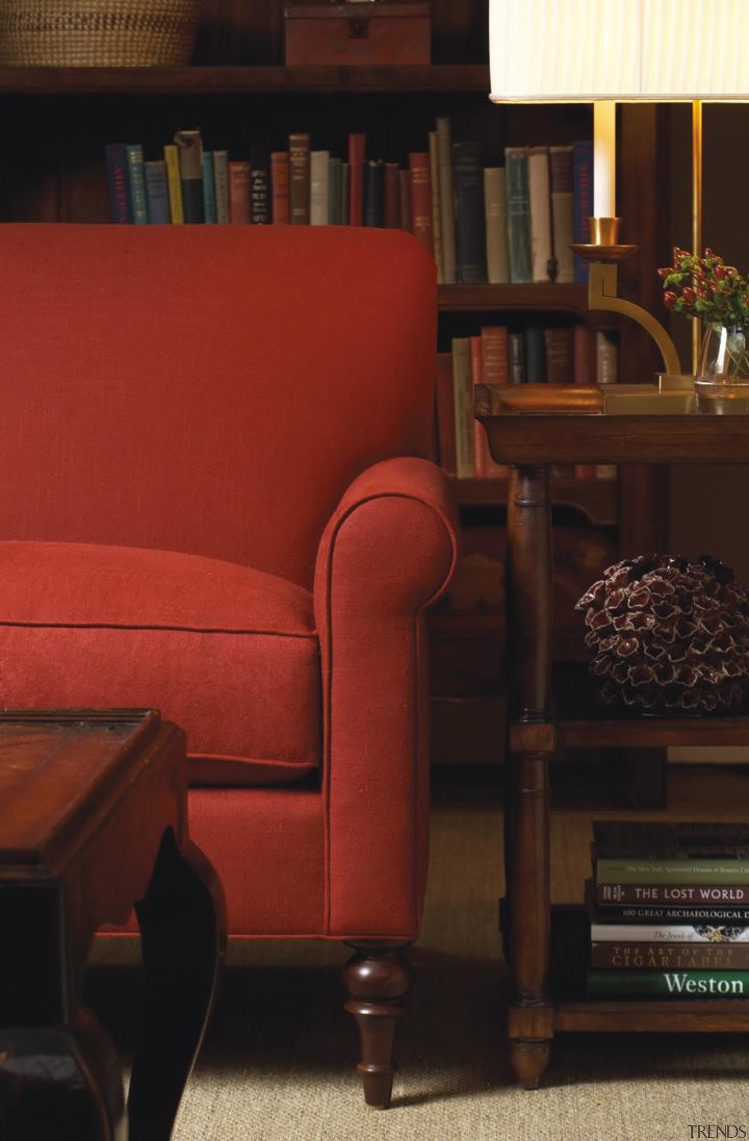 Designed to provide Baker style at unprecedented value, chair, couch, floor, flooring, furniture, hardwood, home, interior design, living room, loveseat, recliner, room, table, wall, wood, red