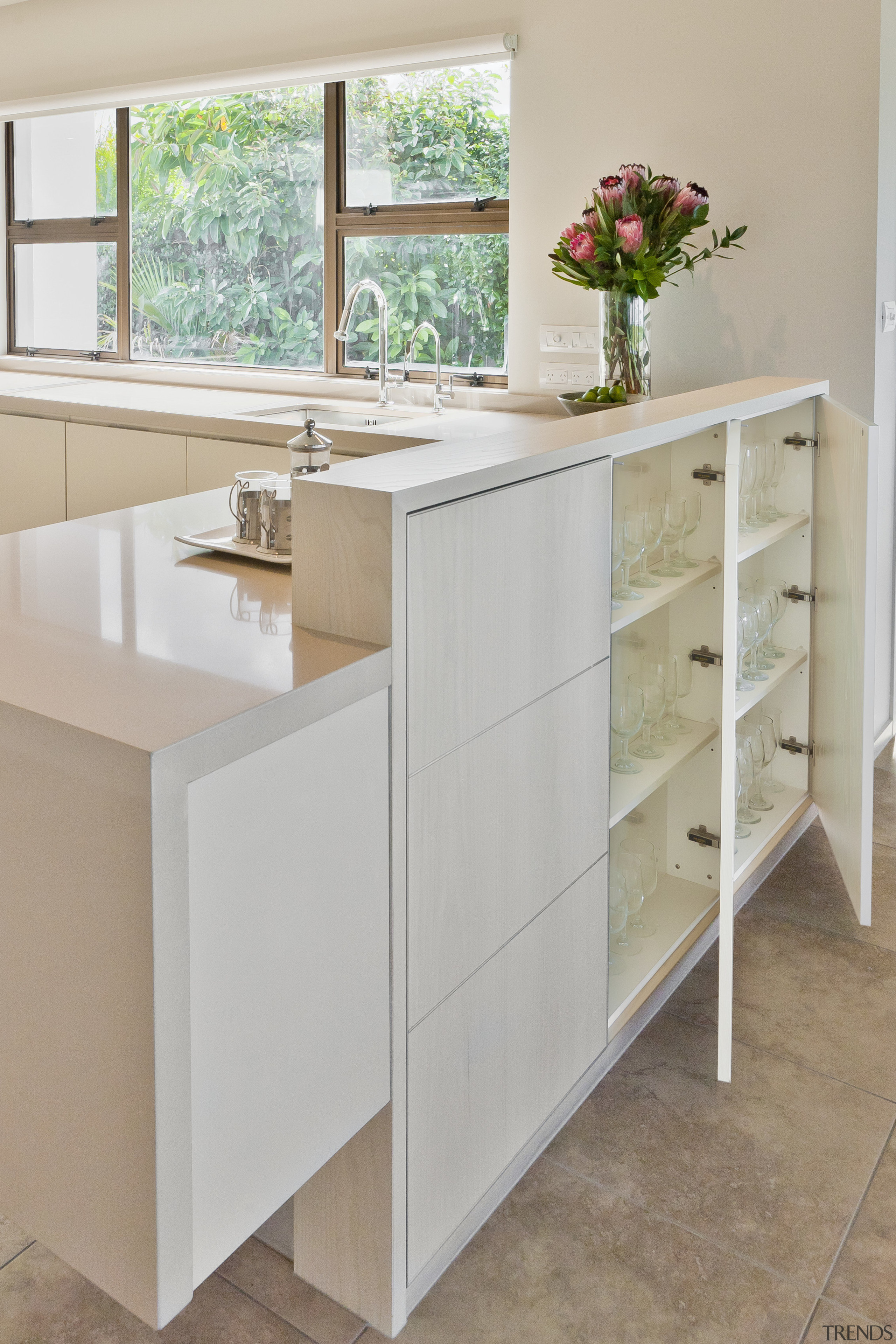 View of contemporary light coloured cabinetry. - View bathroom, bathroom accessory, bathroom cabinet, cabinetry, chest of drawers, countertop, drawer, furniture, kitchen, product design, shelf, sideboard, sink, tap, gray