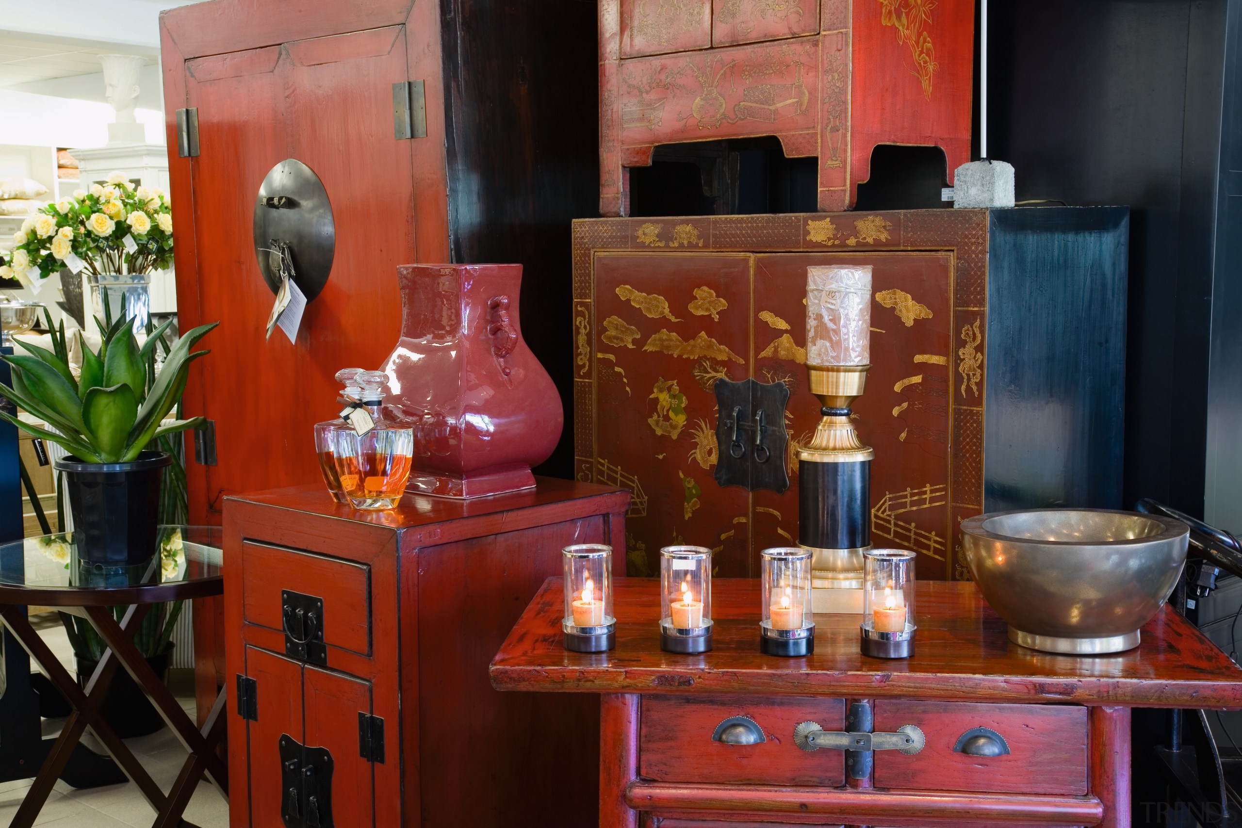 Showroom setting with group of red toned timber furniture, interior design, kitchen, table, red, black