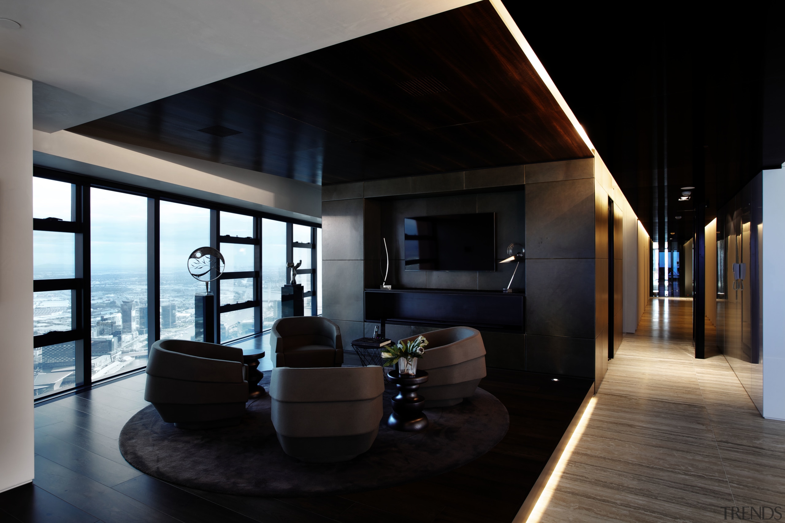 An elevated tallow wood platform puts the living architecture, house, interior design, black