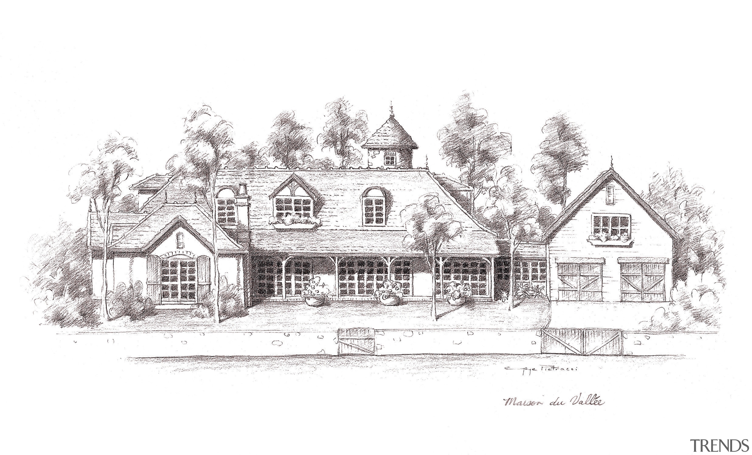 Architects drawing of French Provincial-style house which harness almshouse, black and white, cottage, drawing, elevation, estate, facade, farmhouse, home, house, manor house, property, residential area, sketch, tree, winter, white