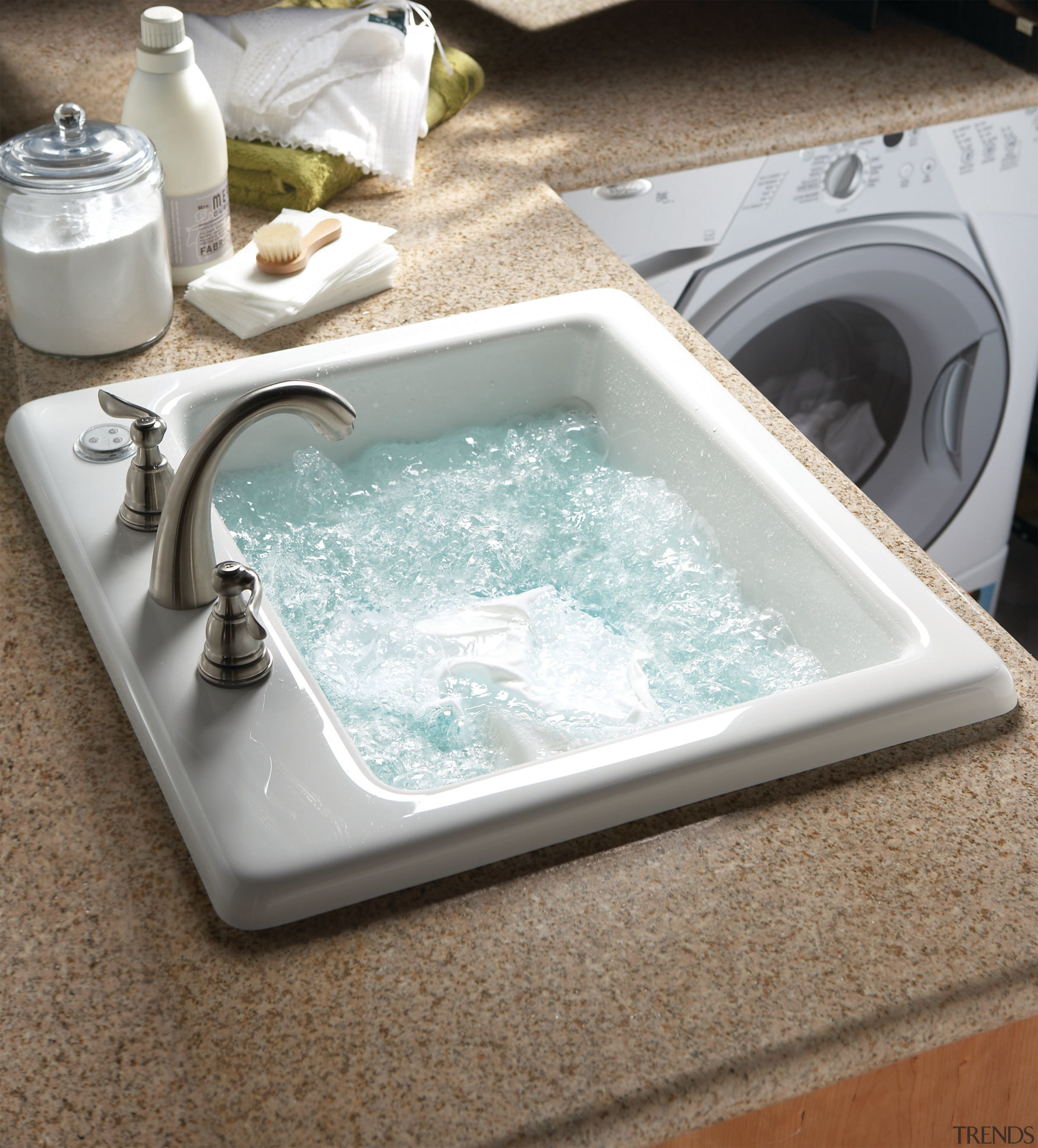 Image of the Delicair Laundry Basin from Aquatic bathroom sink, bathtub, jacuzzi, plumbing fixture, sink, tap, white, brown