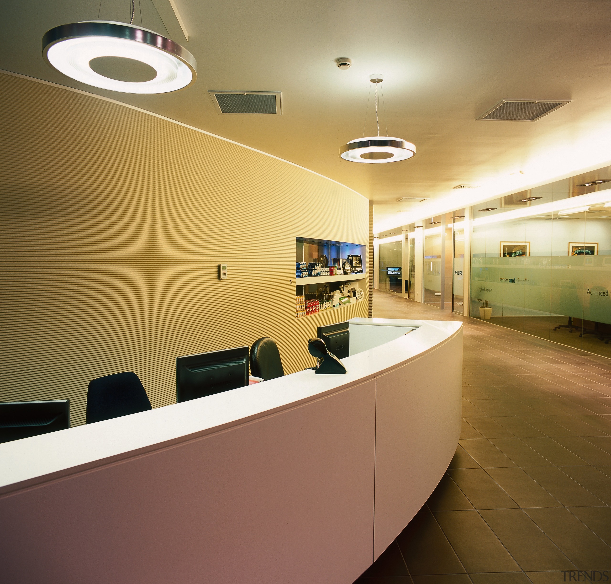 A view of the lighting design. - A ceiling, interior design, lobby, office, product design, brown