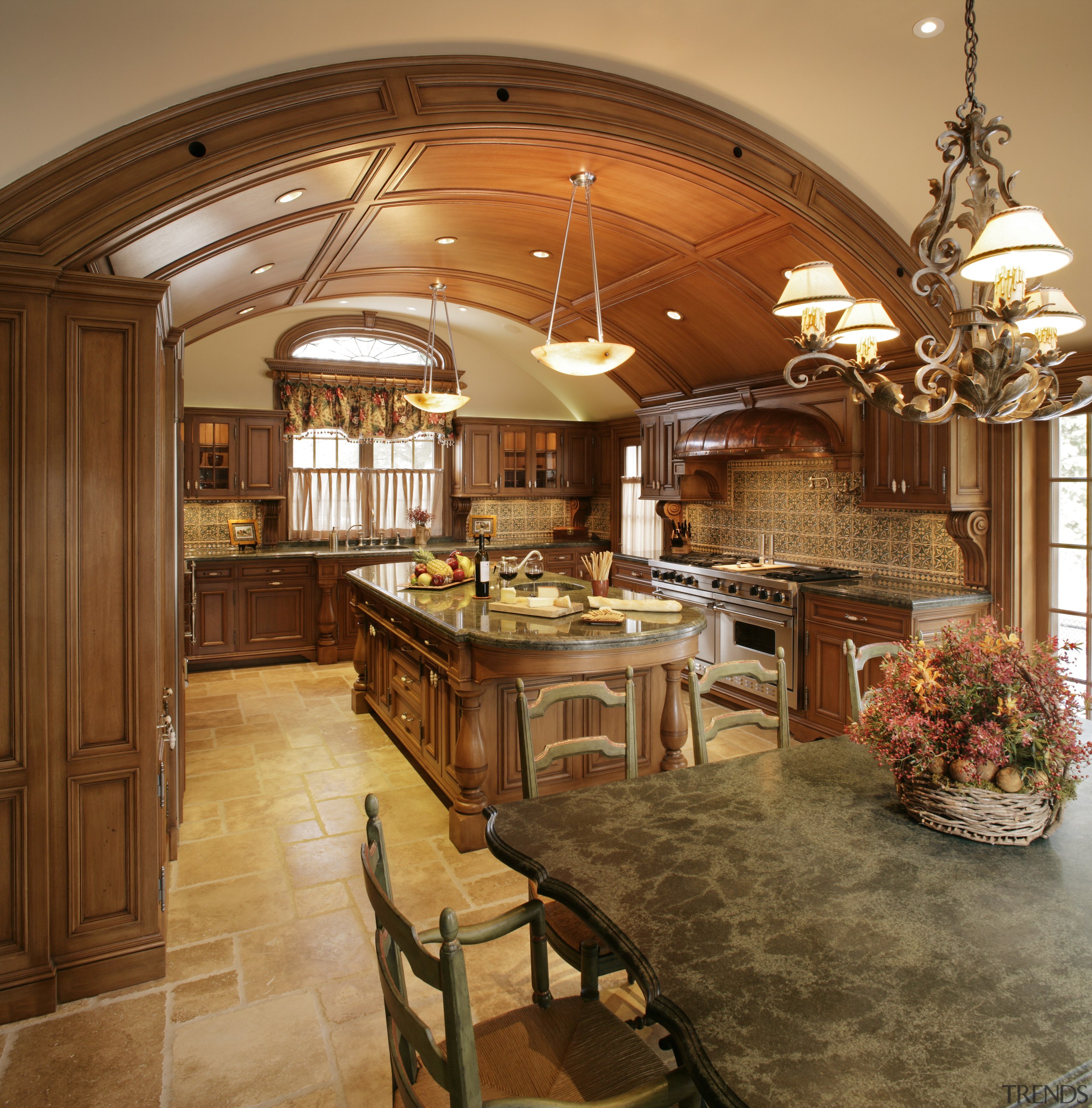 view of a renovated kitchen with a classical cabinetry, ceiling, countertop, cuisine classique, estate, flooring, hardwood, interior design, kitchen, room, brown, orange